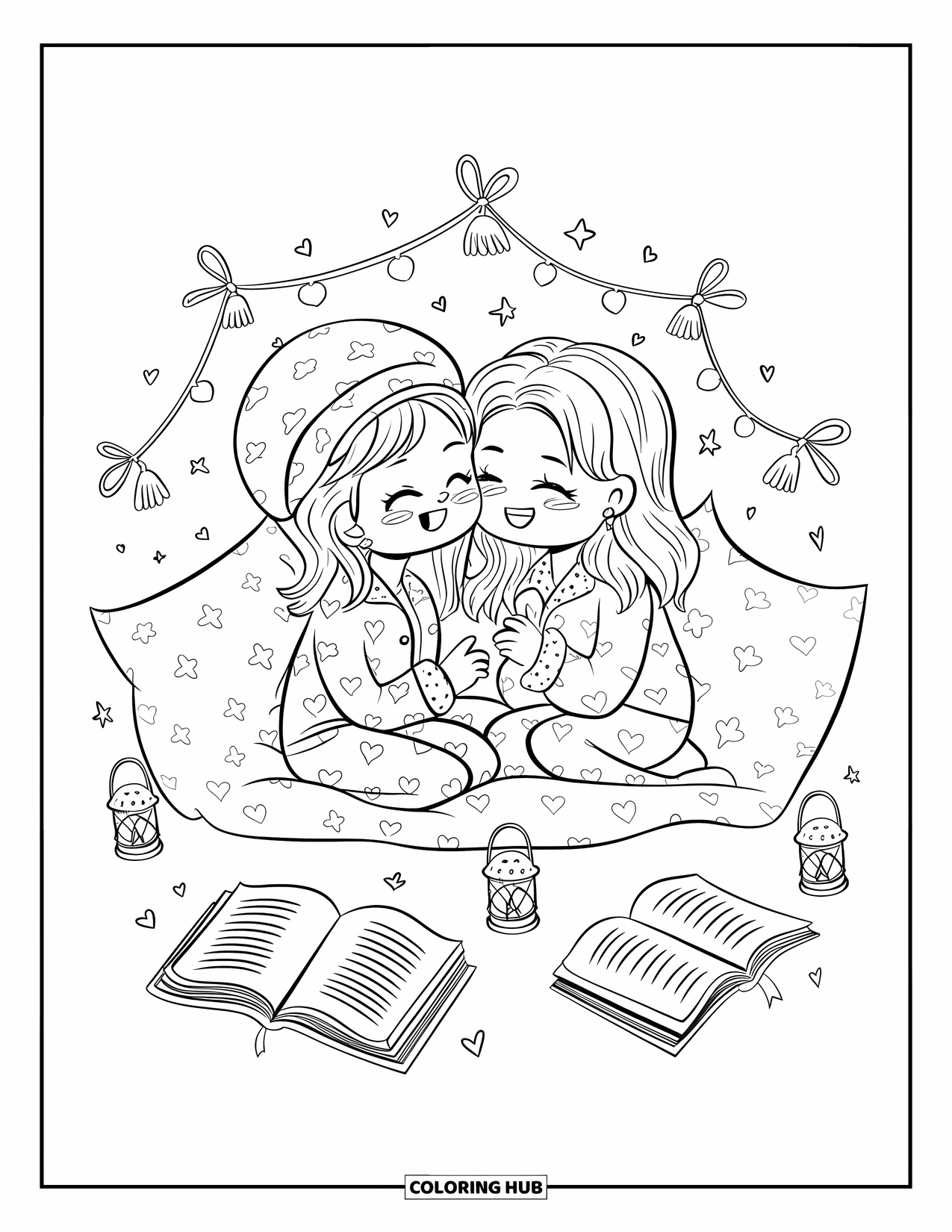 Pajama Coloring Page for Adults: Friends in pajamas sharing laughter inside a warm pillow fort