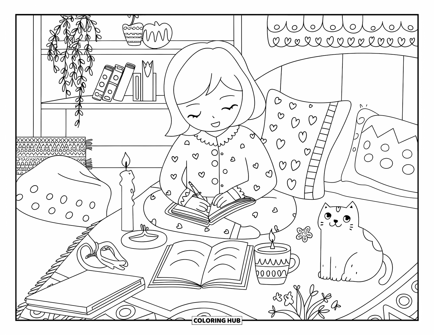 Pajama Coloring Page for Adults: Girl writing in bed with tea, candle, and her cat nearby