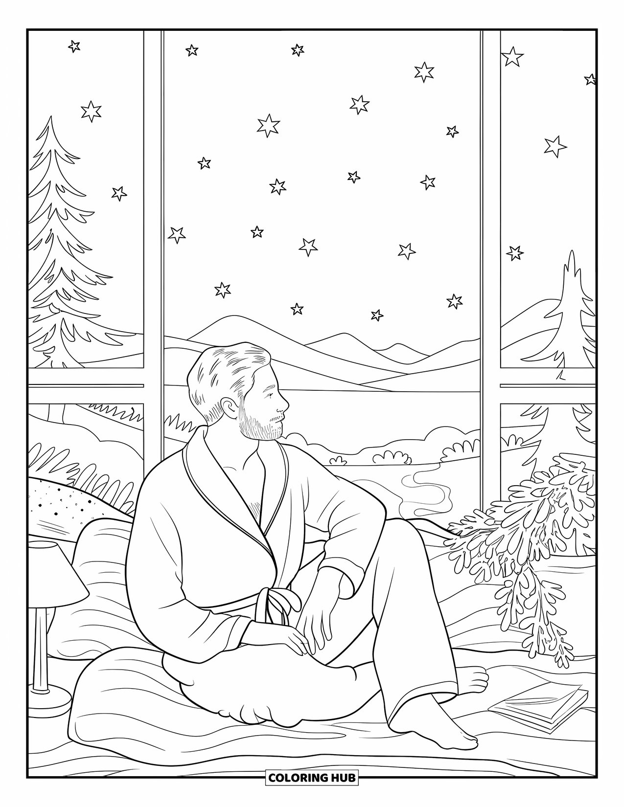 Pajama Coloring Page for Adults: Man in a robe admiring stars from a cozy room