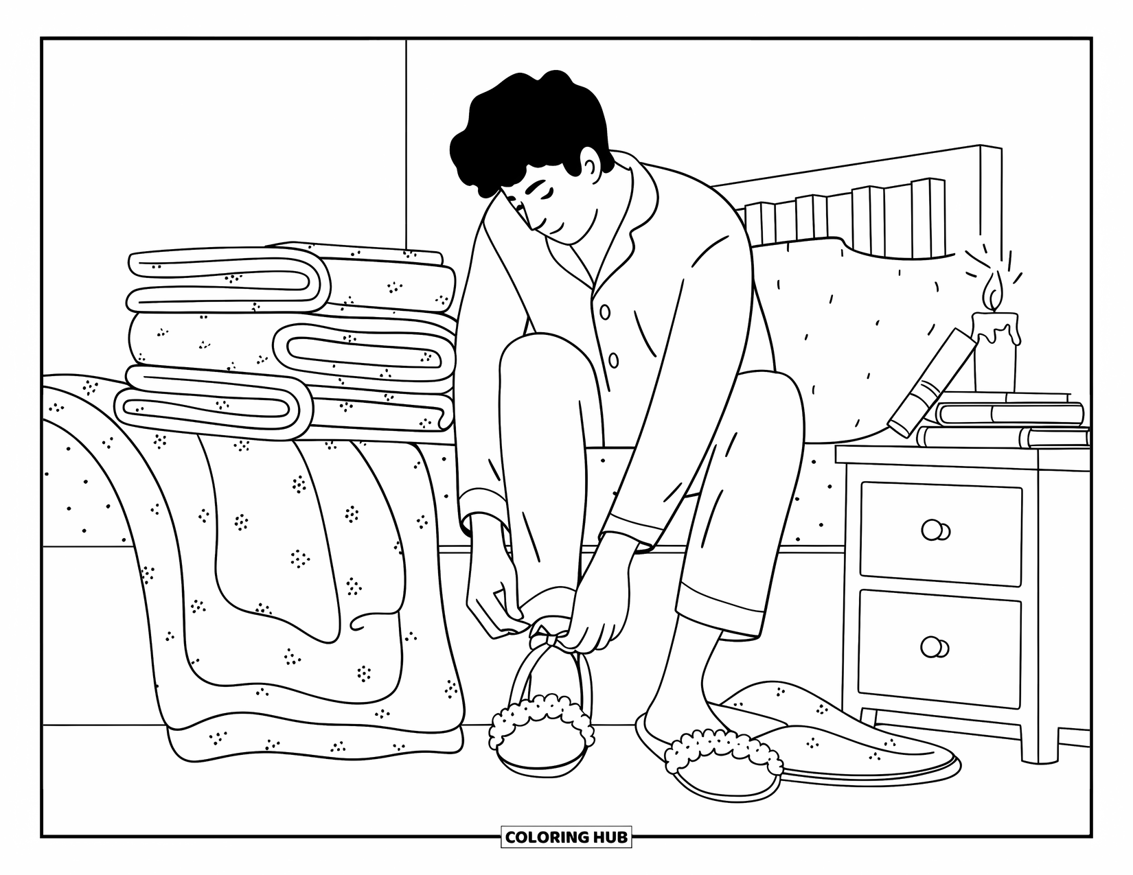 Pajama Coloring Page for Adults: Man in pajamas tying slippers beside a cozy nightstand