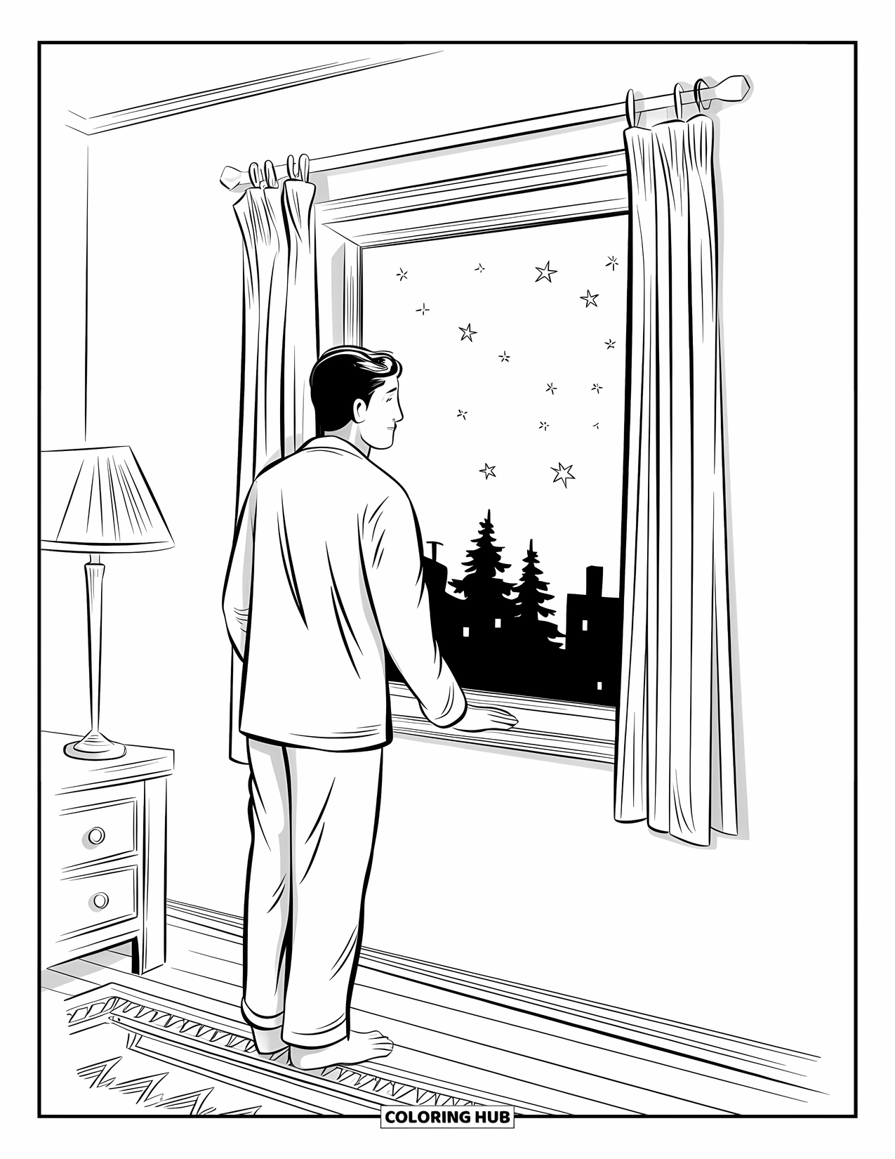 Pajama Coloring Page for Adults: Man standing by the window looking at the night sky