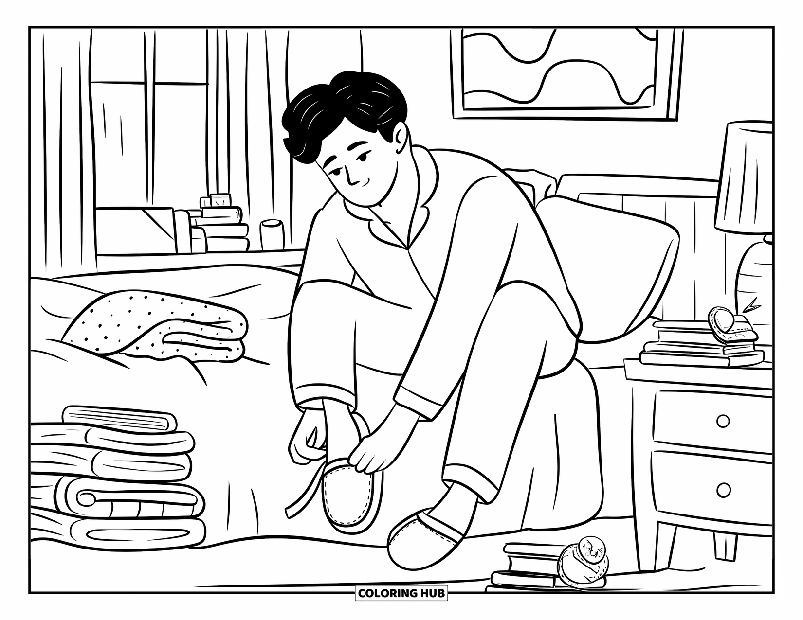 Pajama Coloring Page for Adults: Man tying slippers beside books, blankets, and a candle