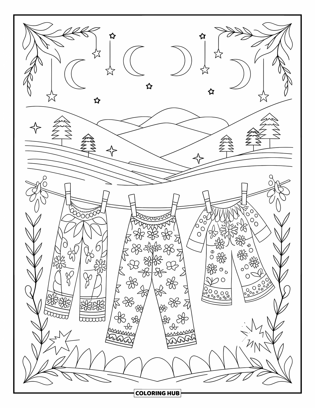 Pajama Coloring Page for Adults: Pajamas hanging on a clothesline under crescent moons and stars