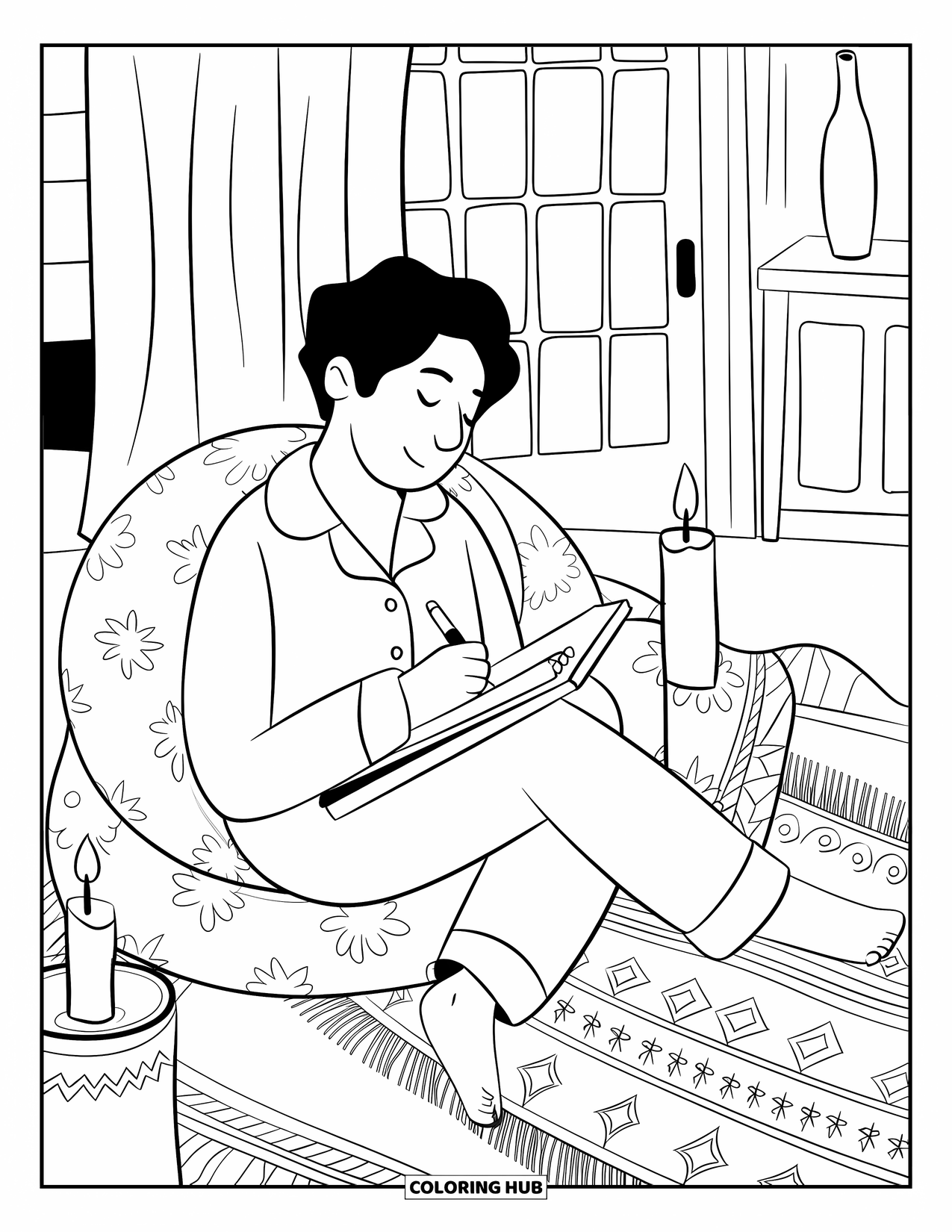 Pajama Coloring Page for Adults: Person drawing by candlelight beside a window and vase