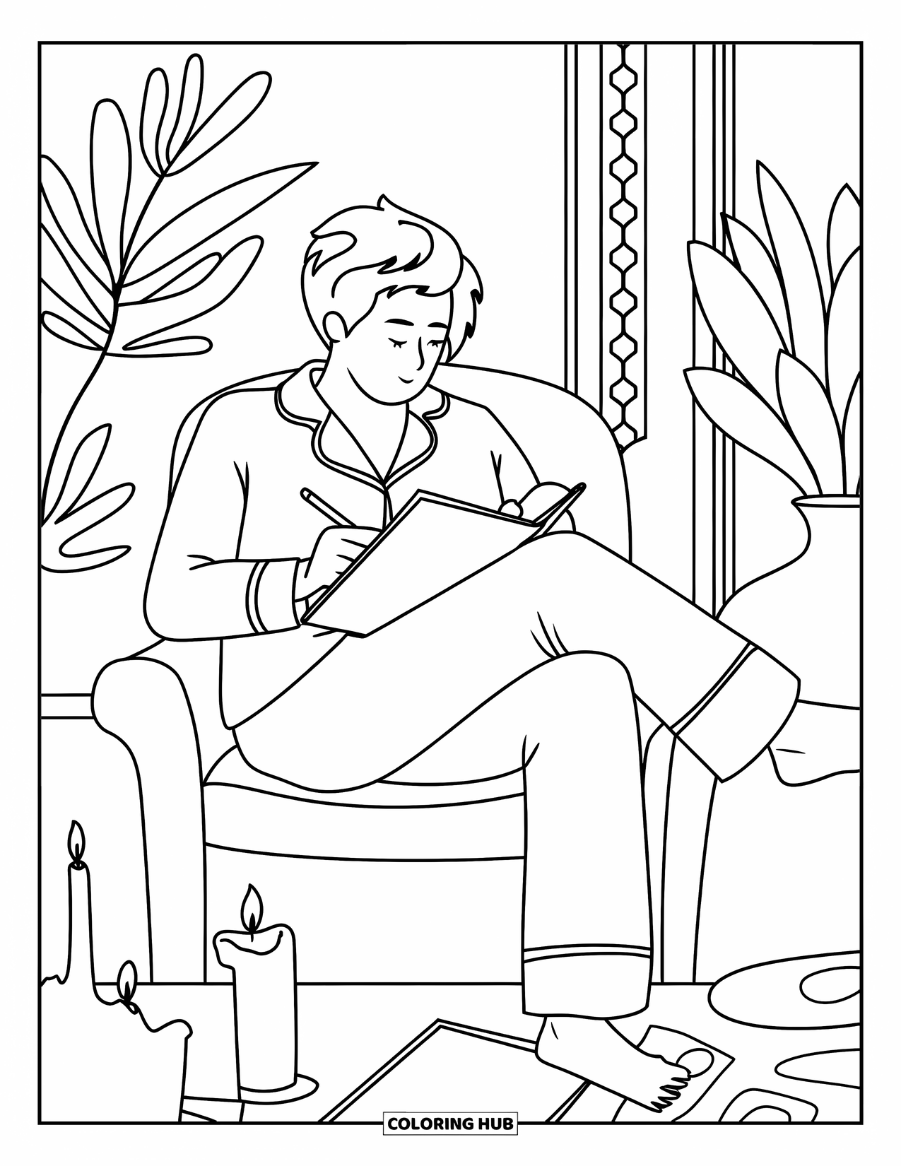 Pajama Coloring Page for Adults: Person in pajamas sketching by candlelight in a cozy room
