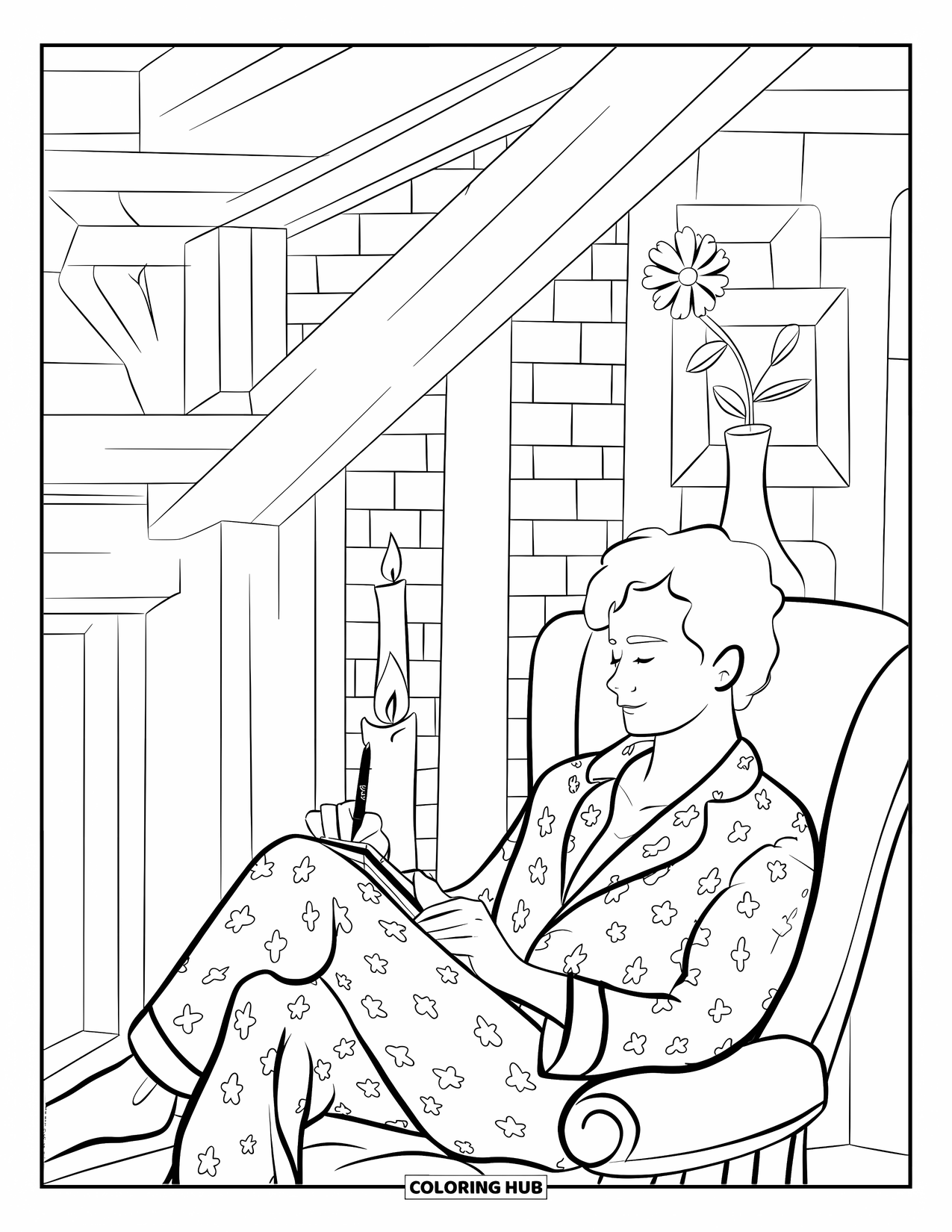 Pajama Coloring Page for Adults: Person sketching in pajamas beside candles in a rustic room