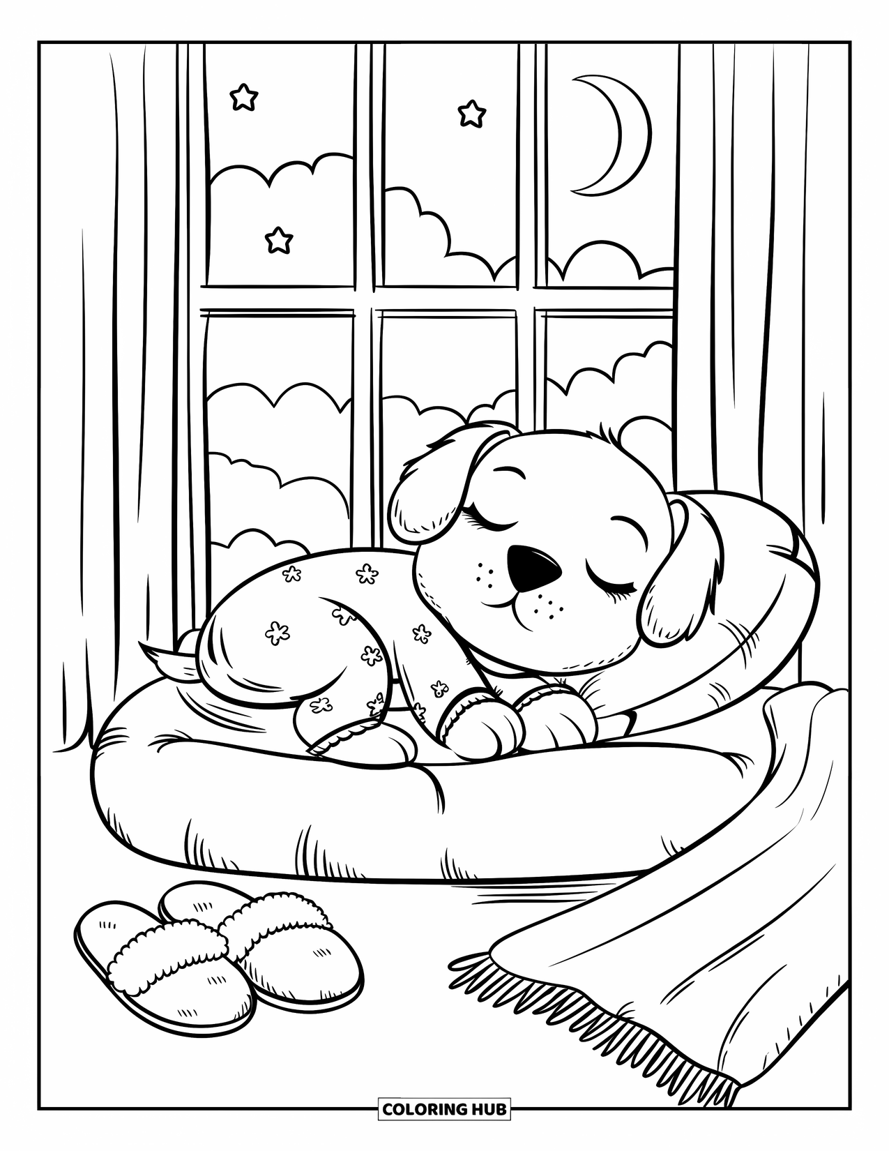 Pajama Coloring Page for Adults: Puppy in pajamas resting on a cushion near the window