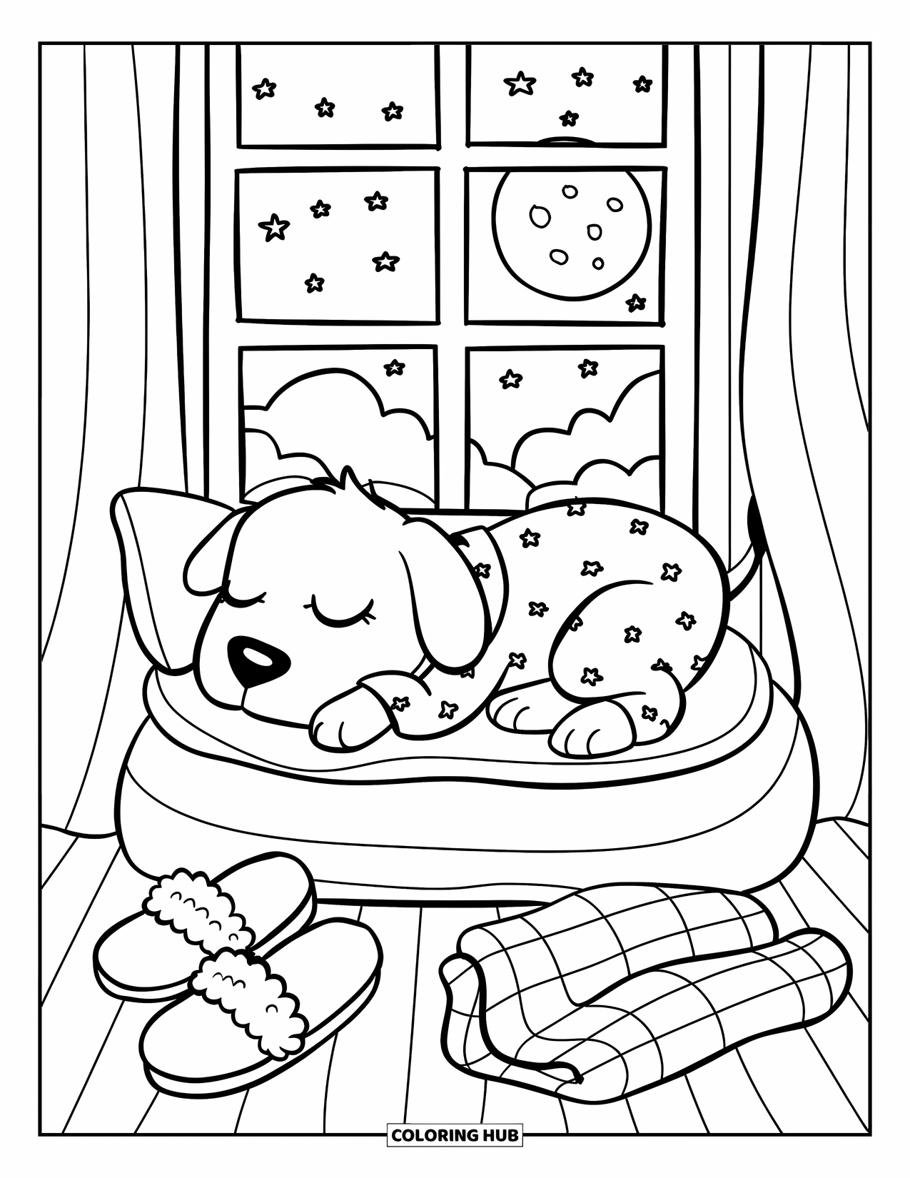 Pajama Coloring Page for Adults: Puppy resting by the window under a calm night sky