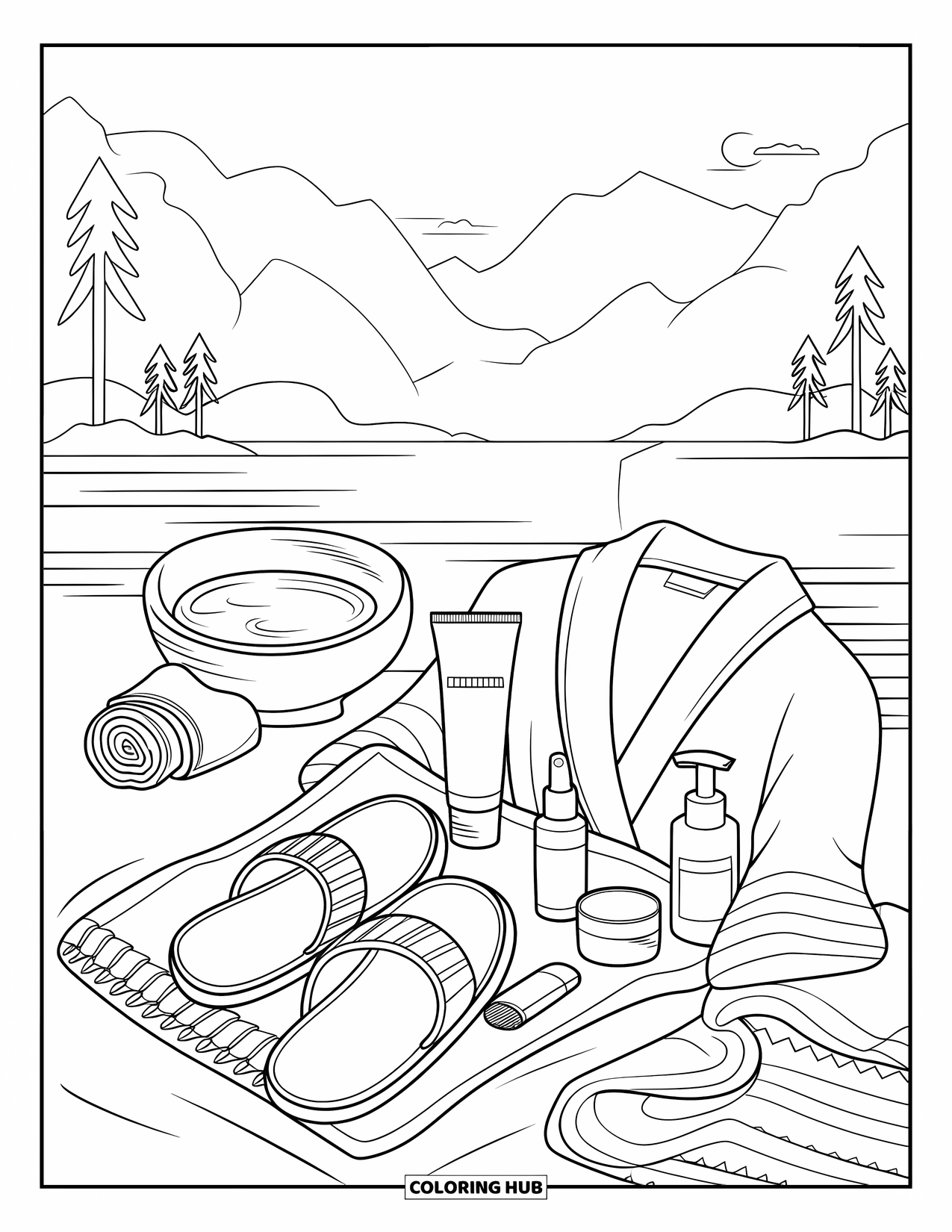 Pajama Coloring Page for Adults: Relaxing night routine with robe, slippers, and skincare items