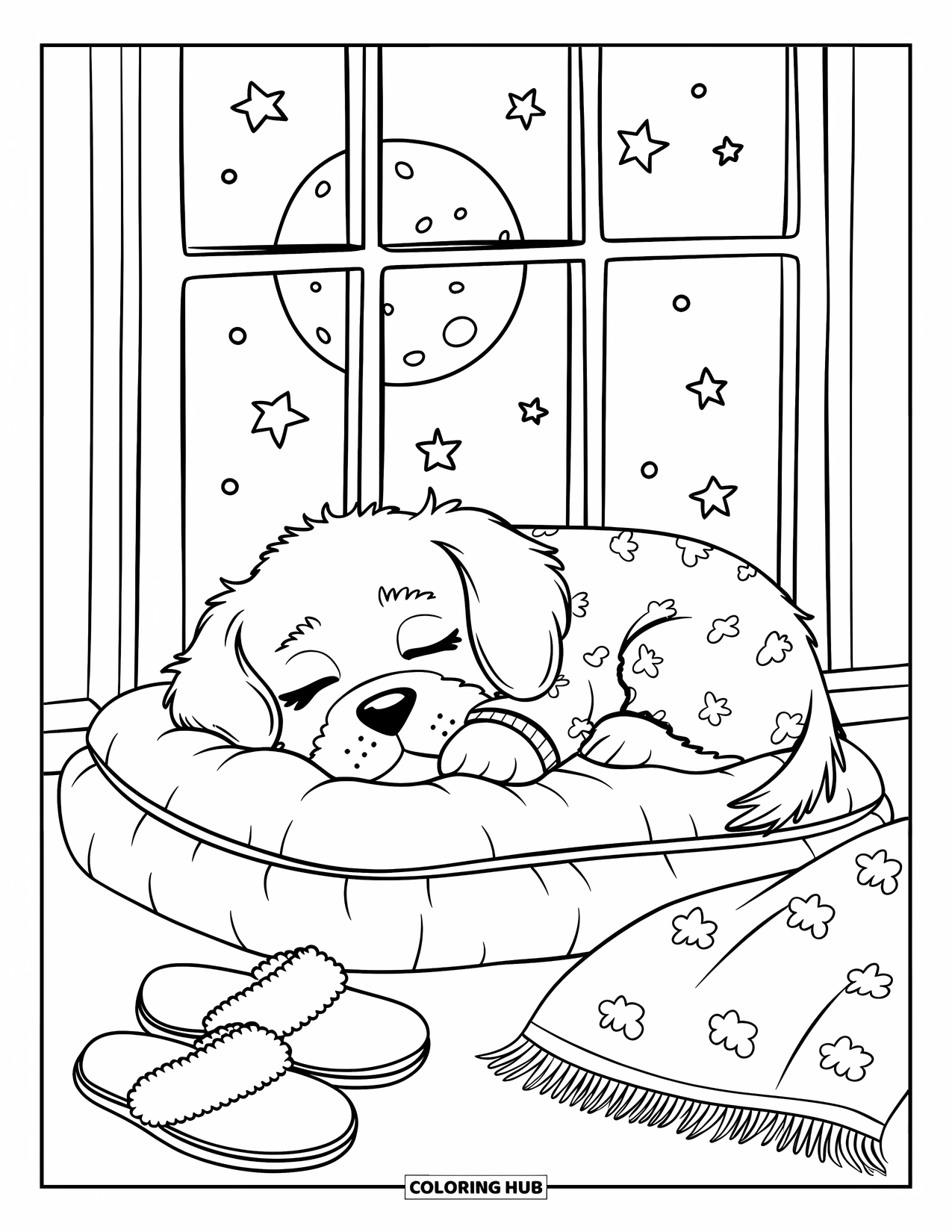 Pajama Coloring Page for Adults: Sleepy puppy in pajamas resting by the window watching stars