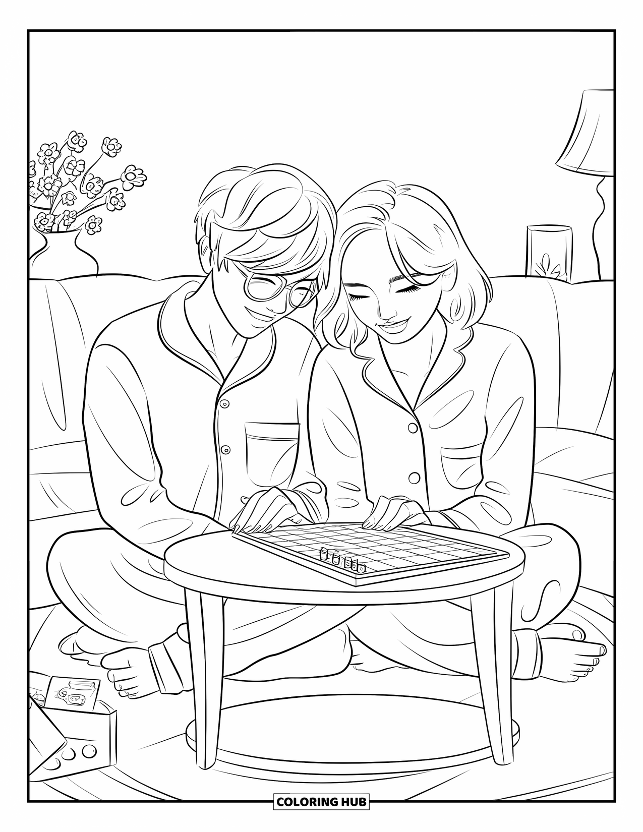 Pajama Coloring Page for Adults: Smiling couple playing a board game in warm pajamas