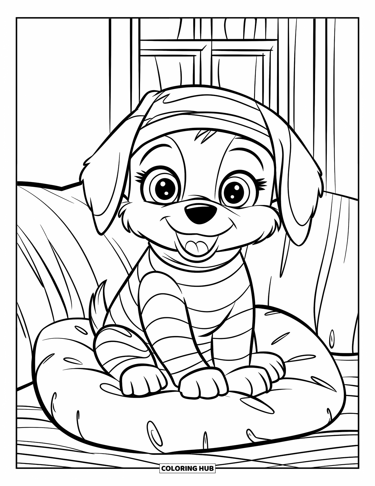 Pajama Coloring Page for Kids: Adorable puppy sitting on a pillow near a window