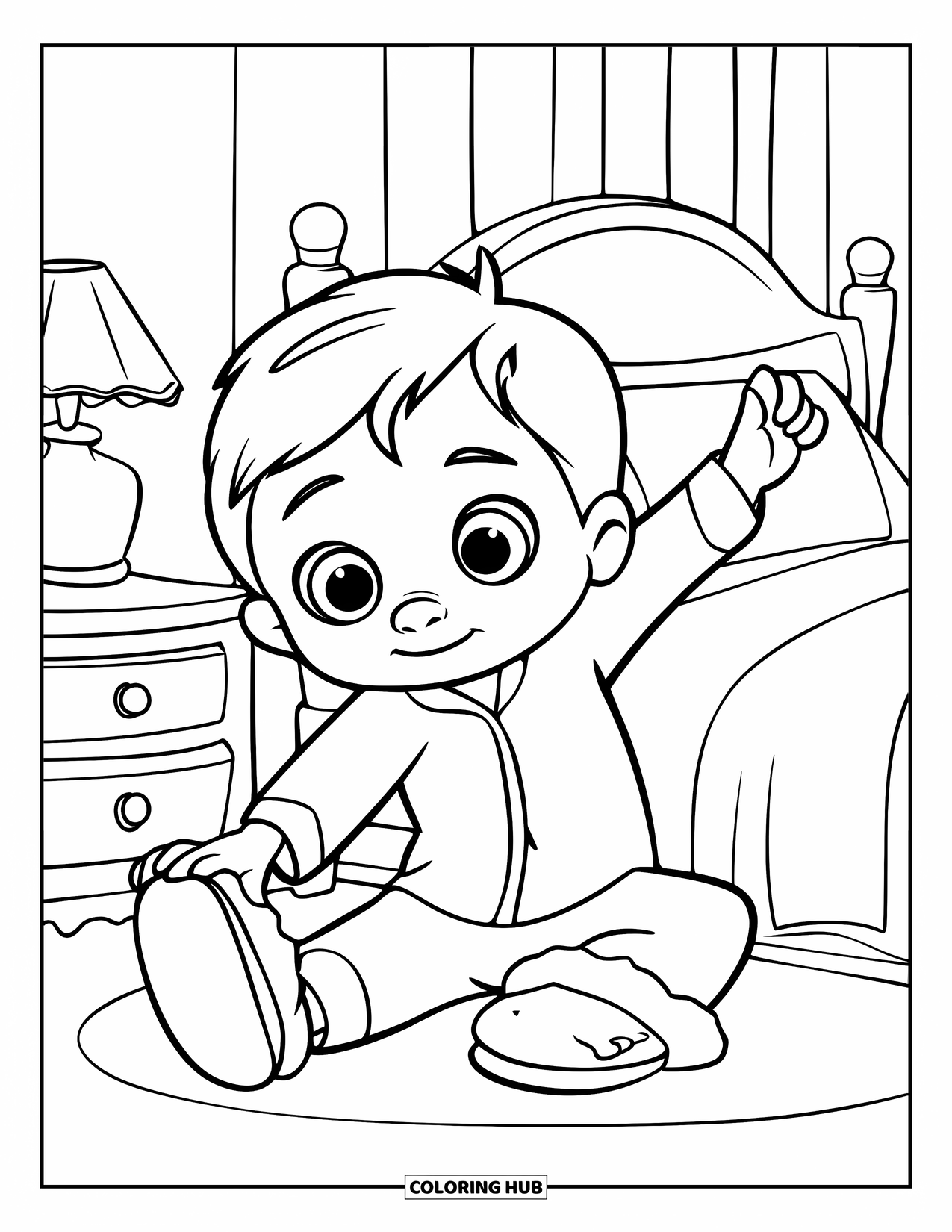 Pajama Coloring Page for Kids: Boy in pajamas and slippers stretching before sleep