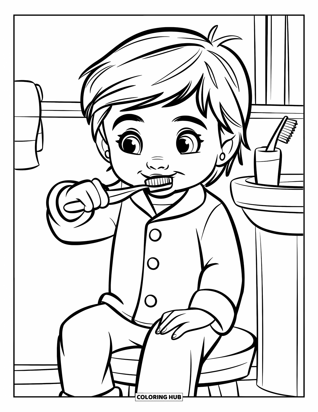 Pajama Coloring Page for Kids: Child brushing teeth in a cozy bathroom before bedtime