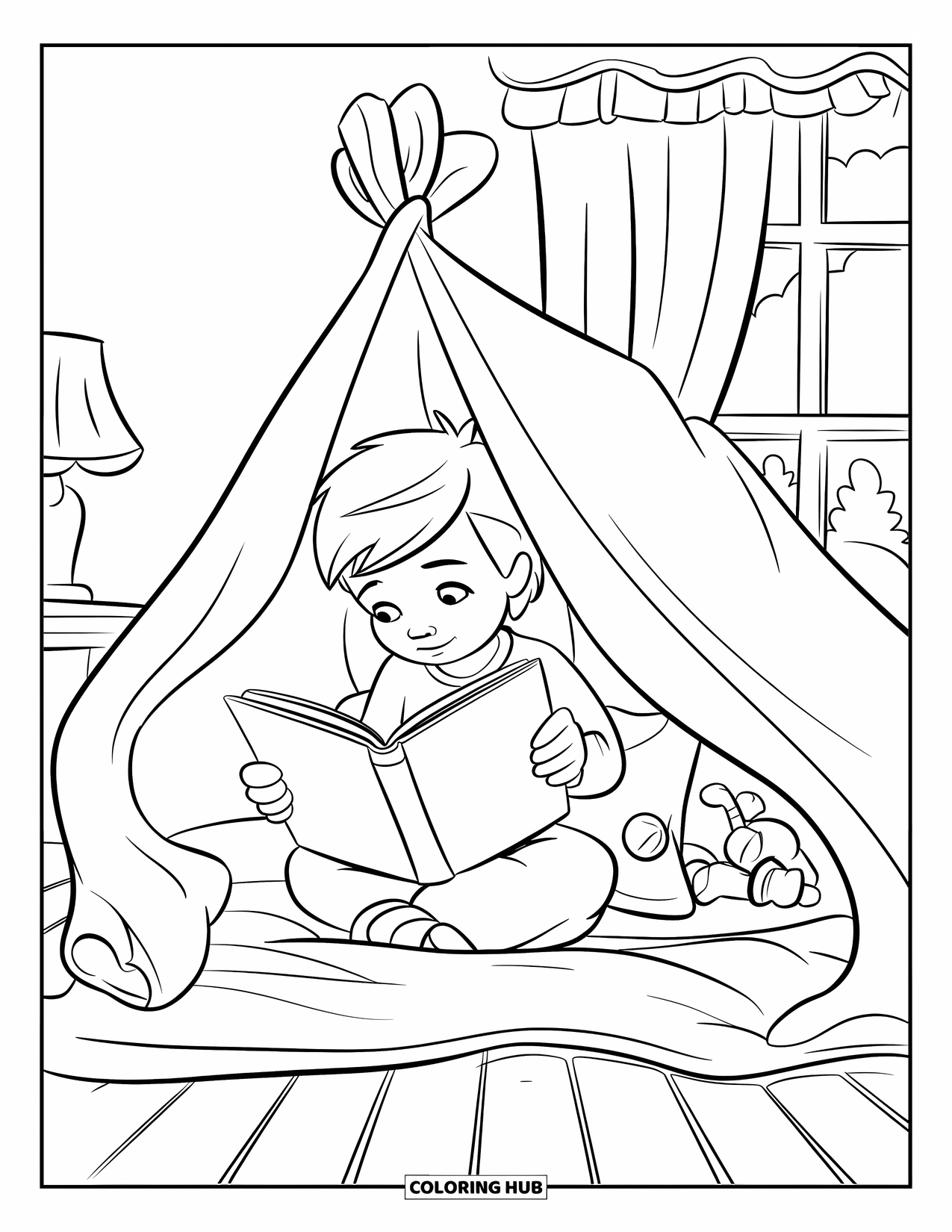 Pajama Coloring Page for Kids: Child reading a book under a cozy blanket fort