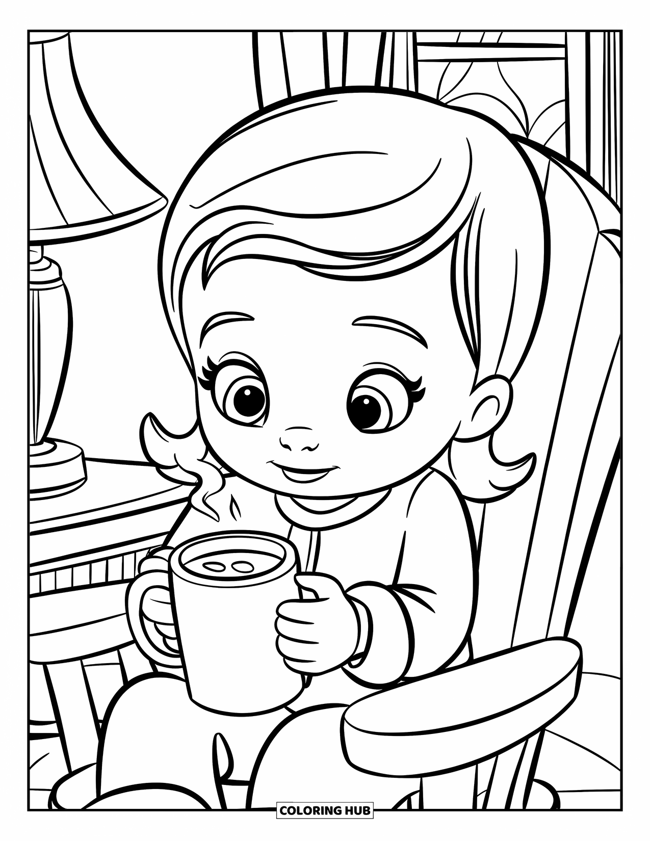 Pajama Coloring Page for Kids: Child smiling while holding a mug of milk before sleep