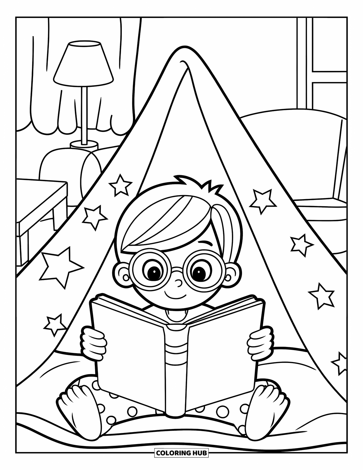 Pajama Coloring Page for Kids: Child wearing glasses reading a book under a blanket fort