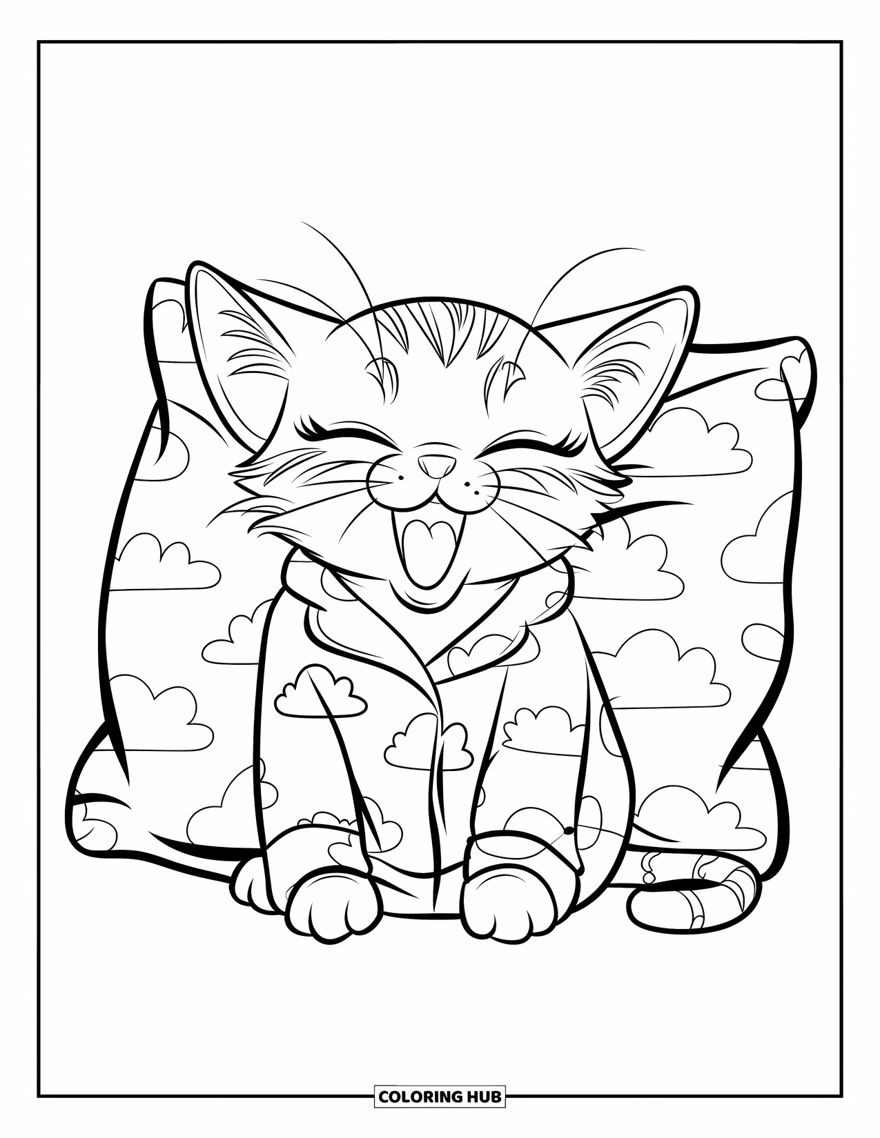 Pajama Coloring Page for Kids: Cute cat yawning beside a pillow before bedtime