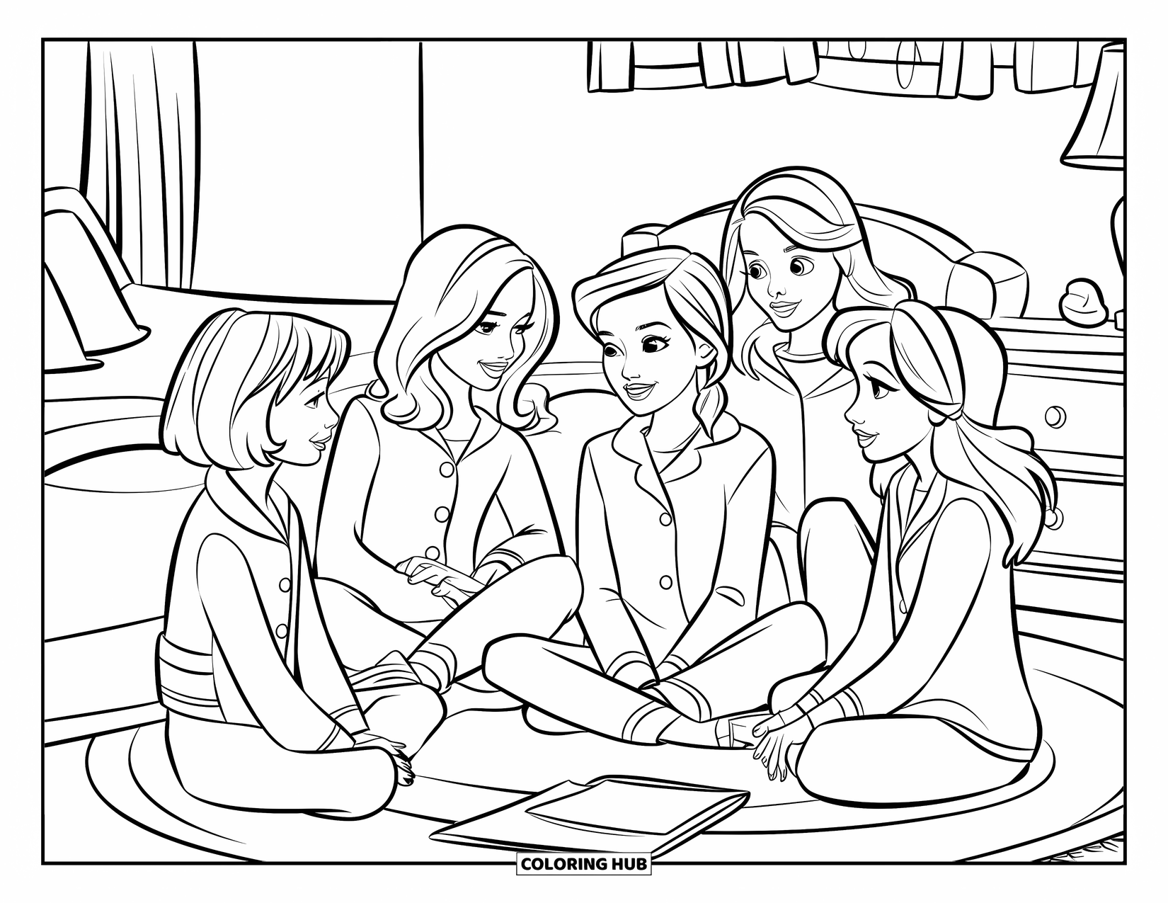 Pajama Coloring Page for Kids: Four friends chatting on the floor in a cozy bedroom