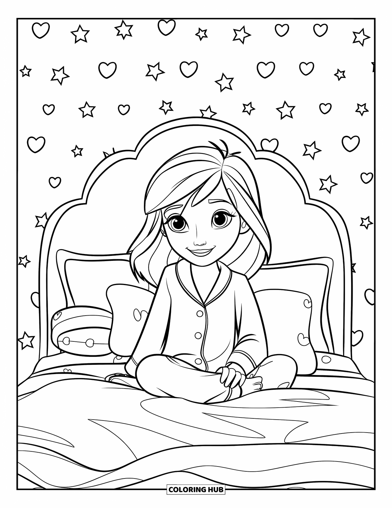 Pajama Coloring Page for Kids: Girl sitting on a bed surrounded by soft pillows