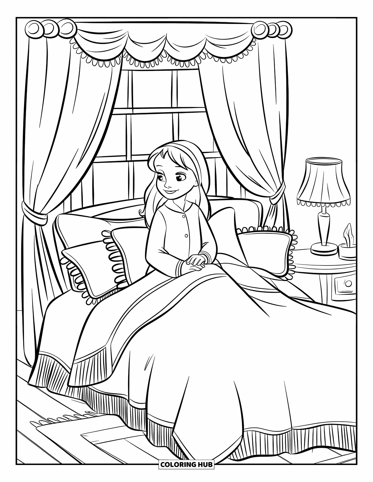 Pajama Coloring Page for Kids: Girl smiling on a cozy bed with pillows around her