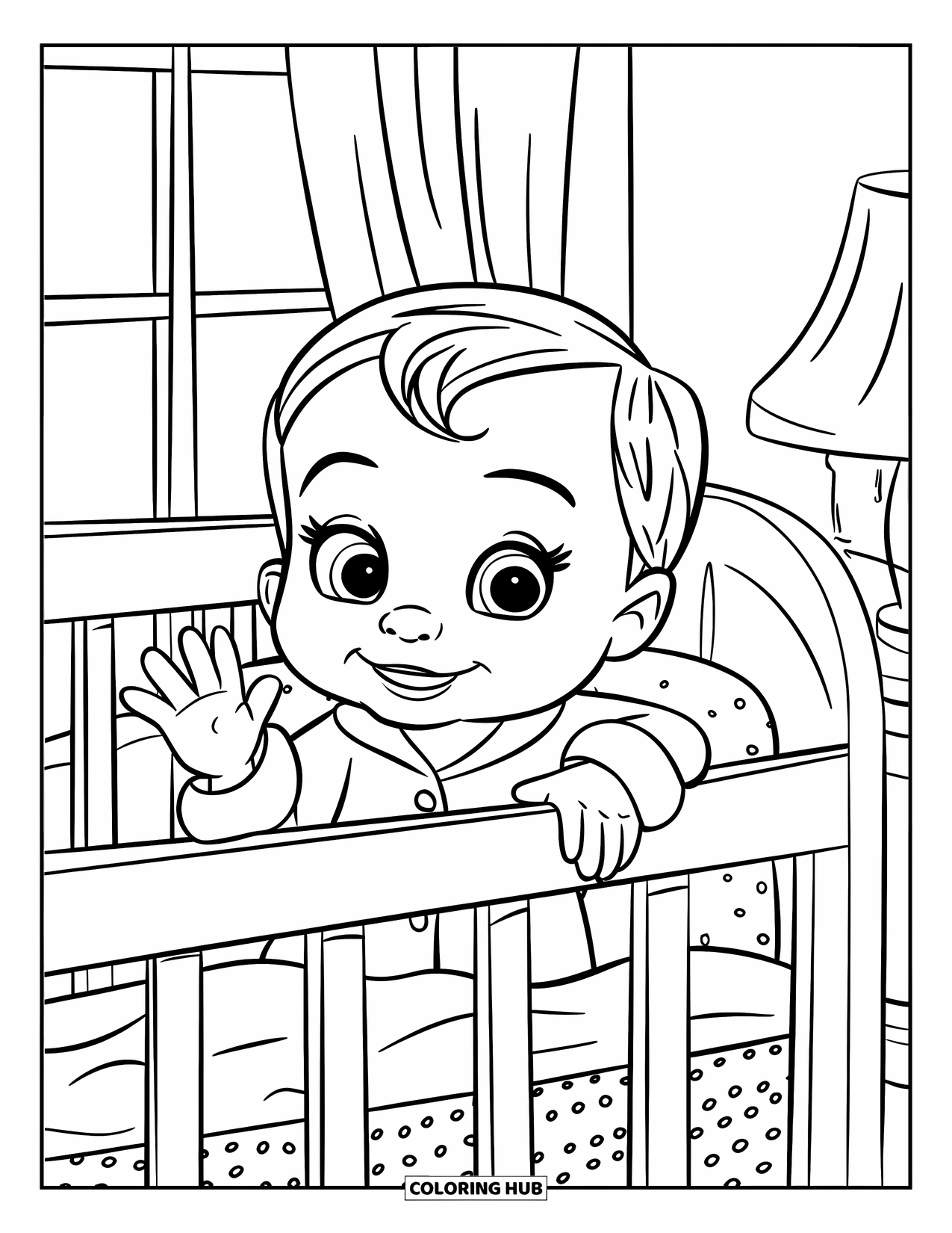 Pajama Coloring Page for Kids: Smiling toddler waving goodnight beside a comfy crib