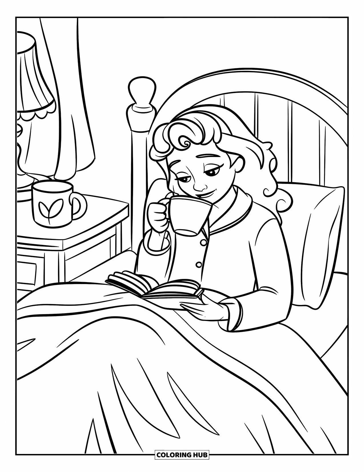 Pajama Coloring Page for Kids: Teen sipping tea and journaling in bed with cozy pajamas