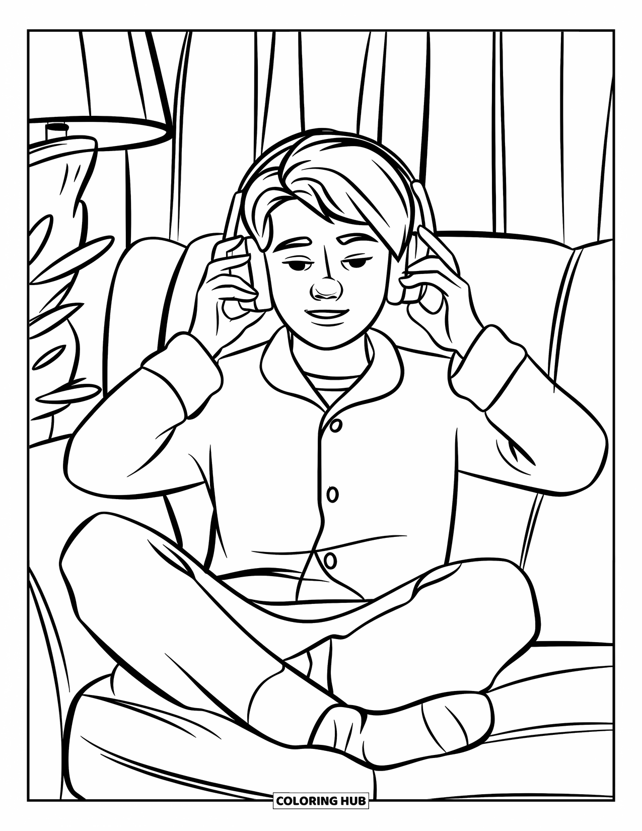 Pajama Coloring Page for Kids: Teen sitting comfortably with headphones in a peaceful room