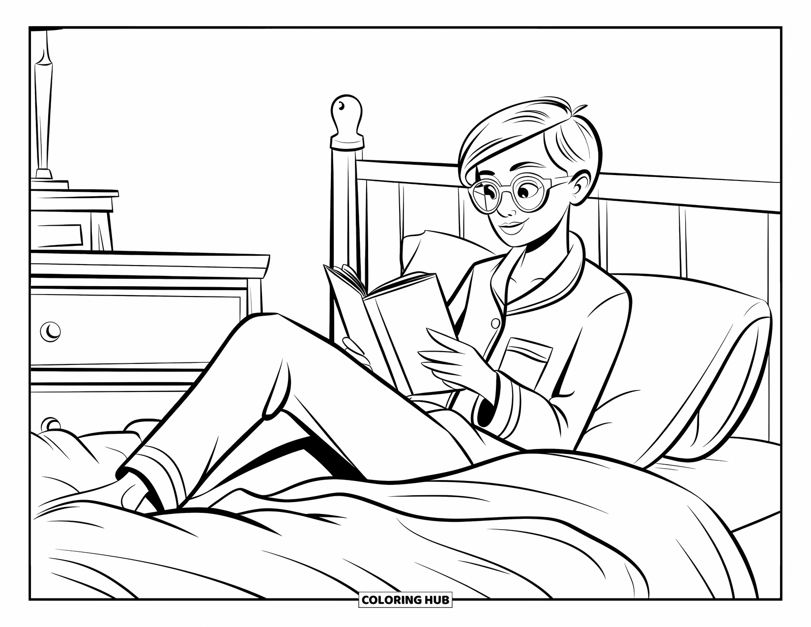Pajama Coloring Page for Kids: Teen with short hair and glasses reading on a cozy bed