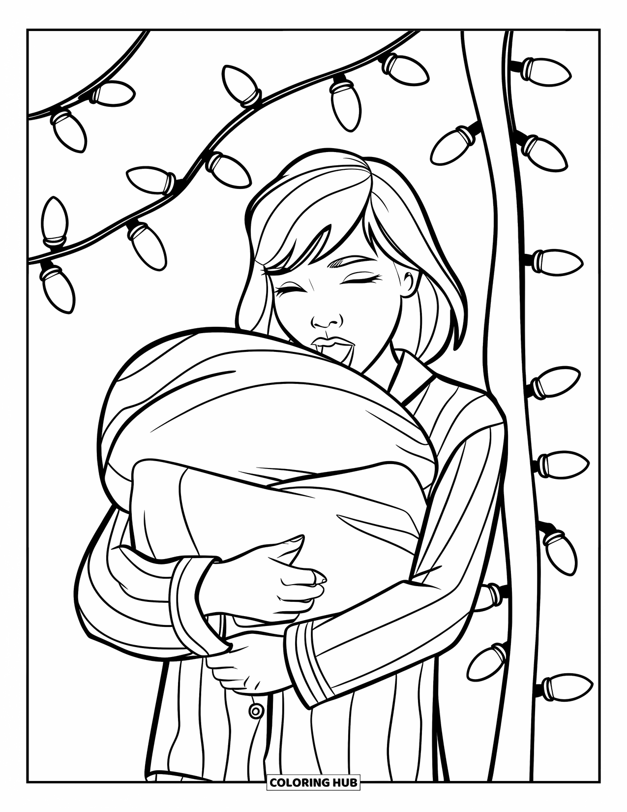 Pajama Coloring Page for Kids: Teen yawning and holding a pillow beside glowing fairy lights