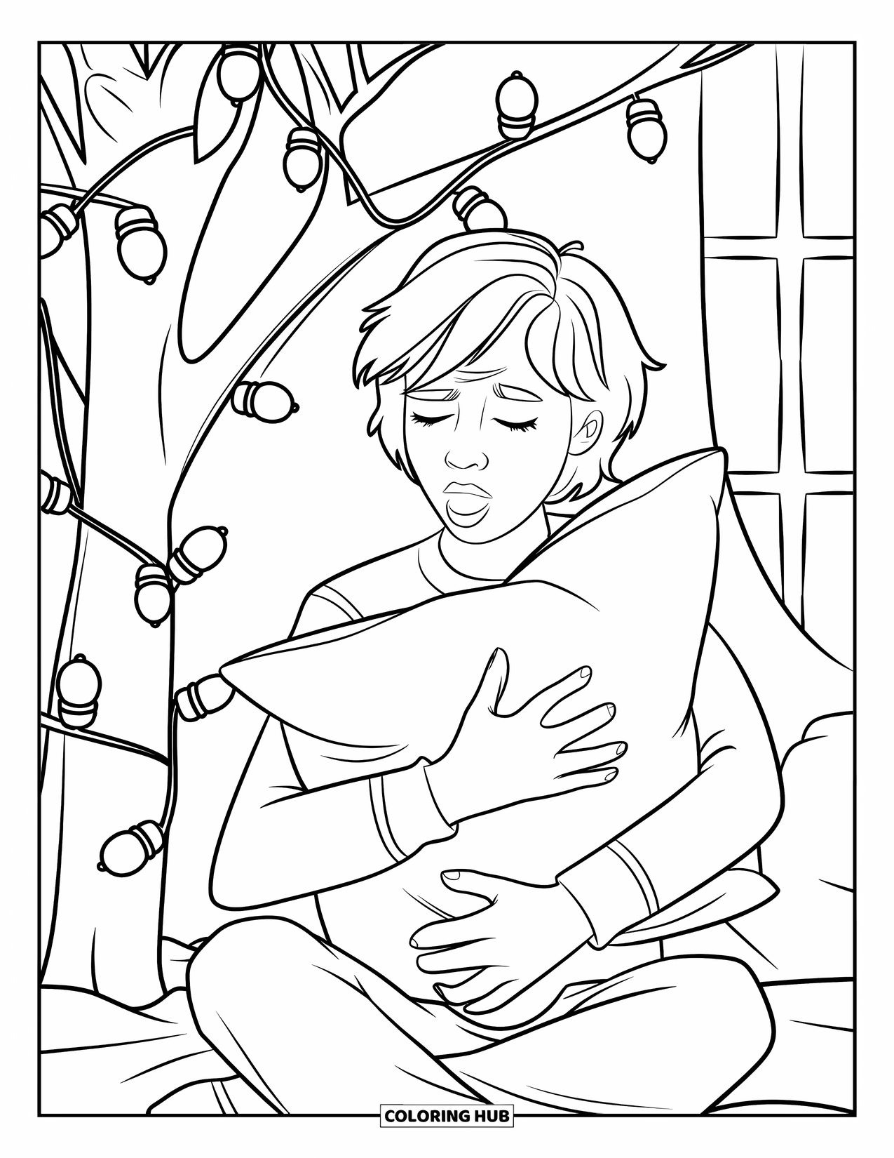 Pajama Coloring Page for Kids: Teen yawning beside fairy lights in a cozy room