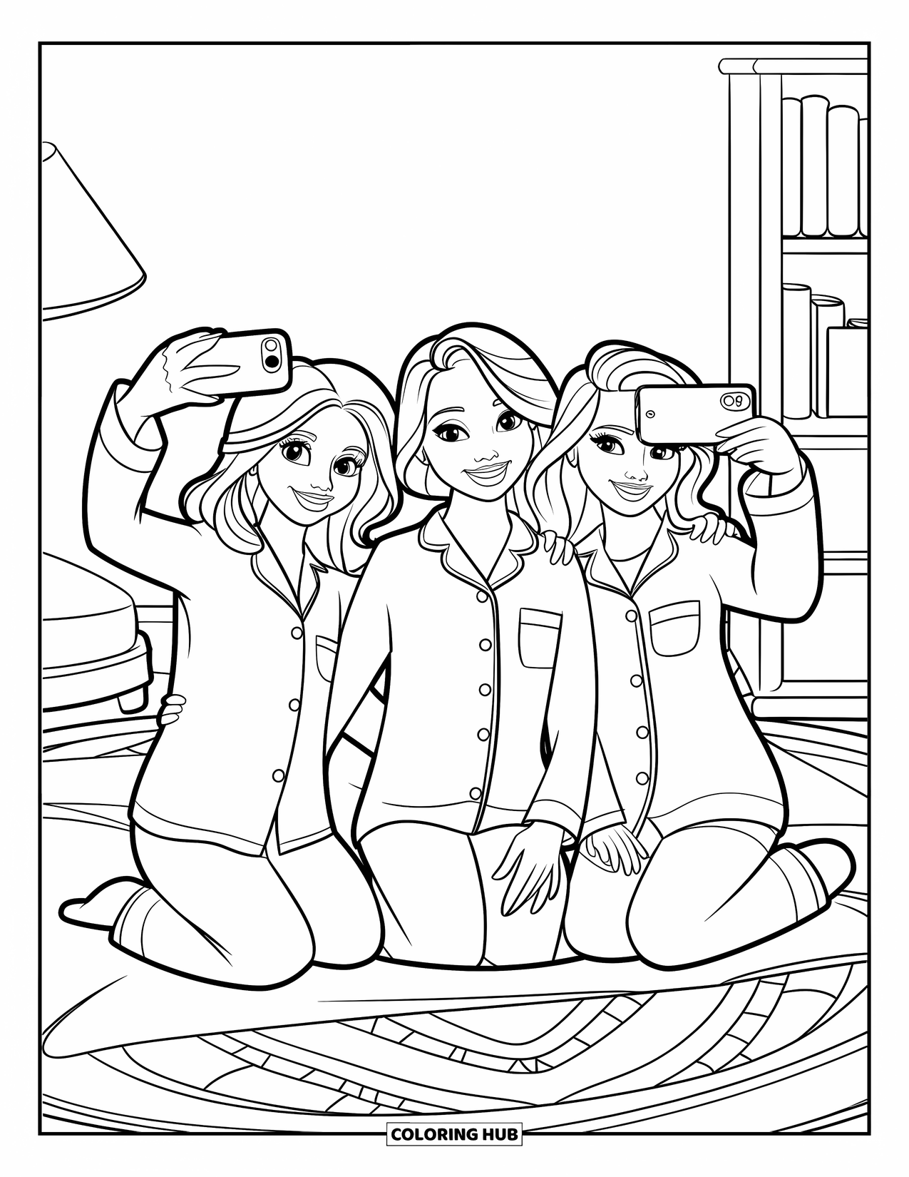 Pajama Coloring Page for Kids: Three friends in matching pajamas taking a fun selfie