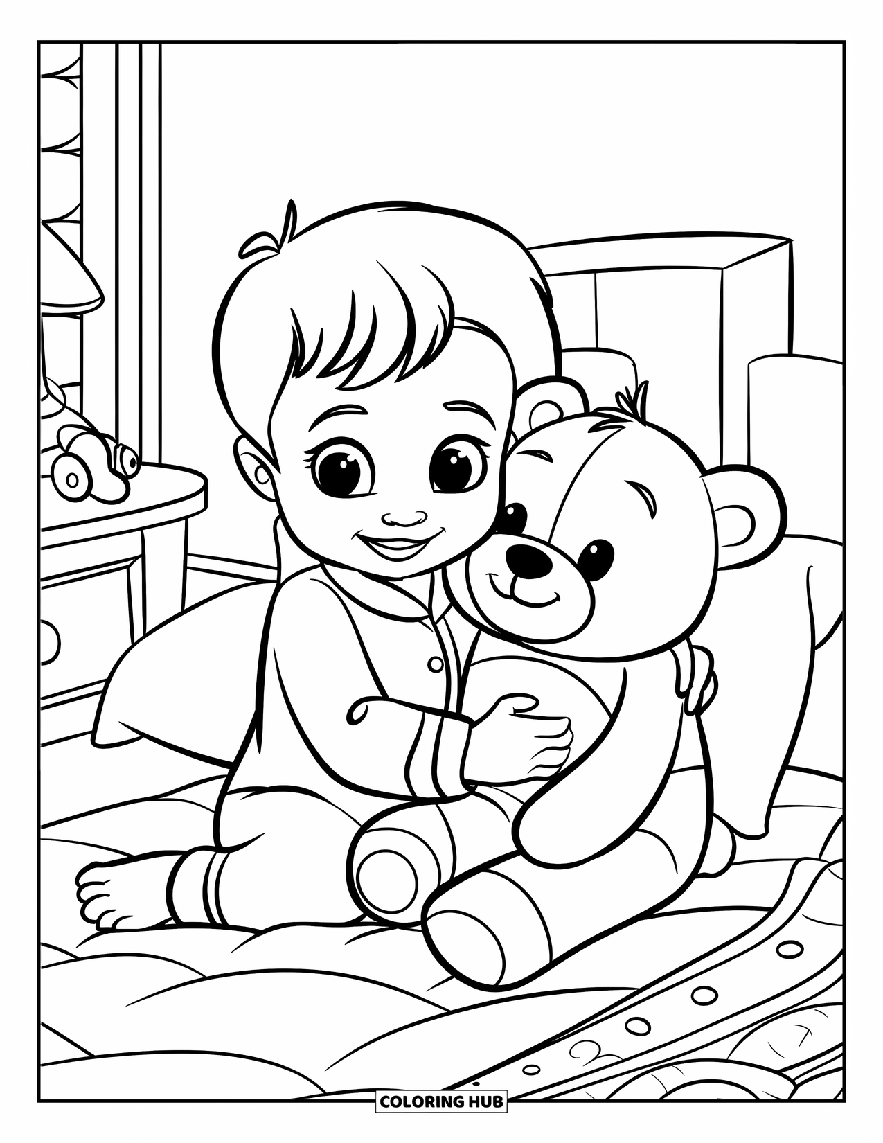 Pajama Coloring Page for Kids: Toddler hugging a teddy bear before going to bed