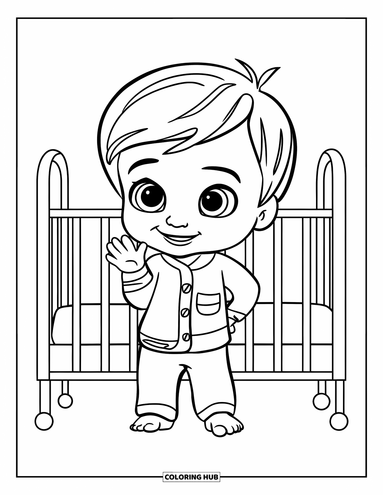Pajama Coloring Page for Kids: Toddler waving goodnight beside a cozy crib