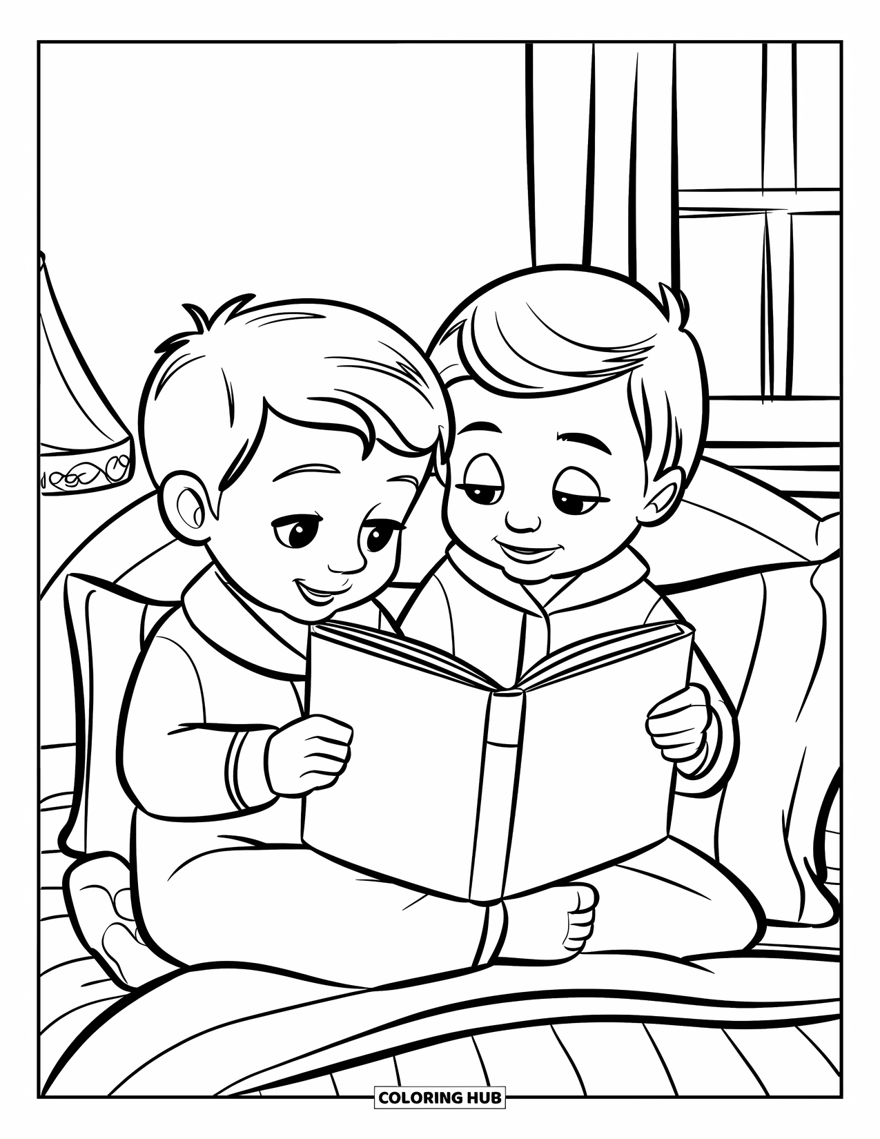 Pajama Coloring Page for Kids: Two children in pajamas reading a bedtime story together