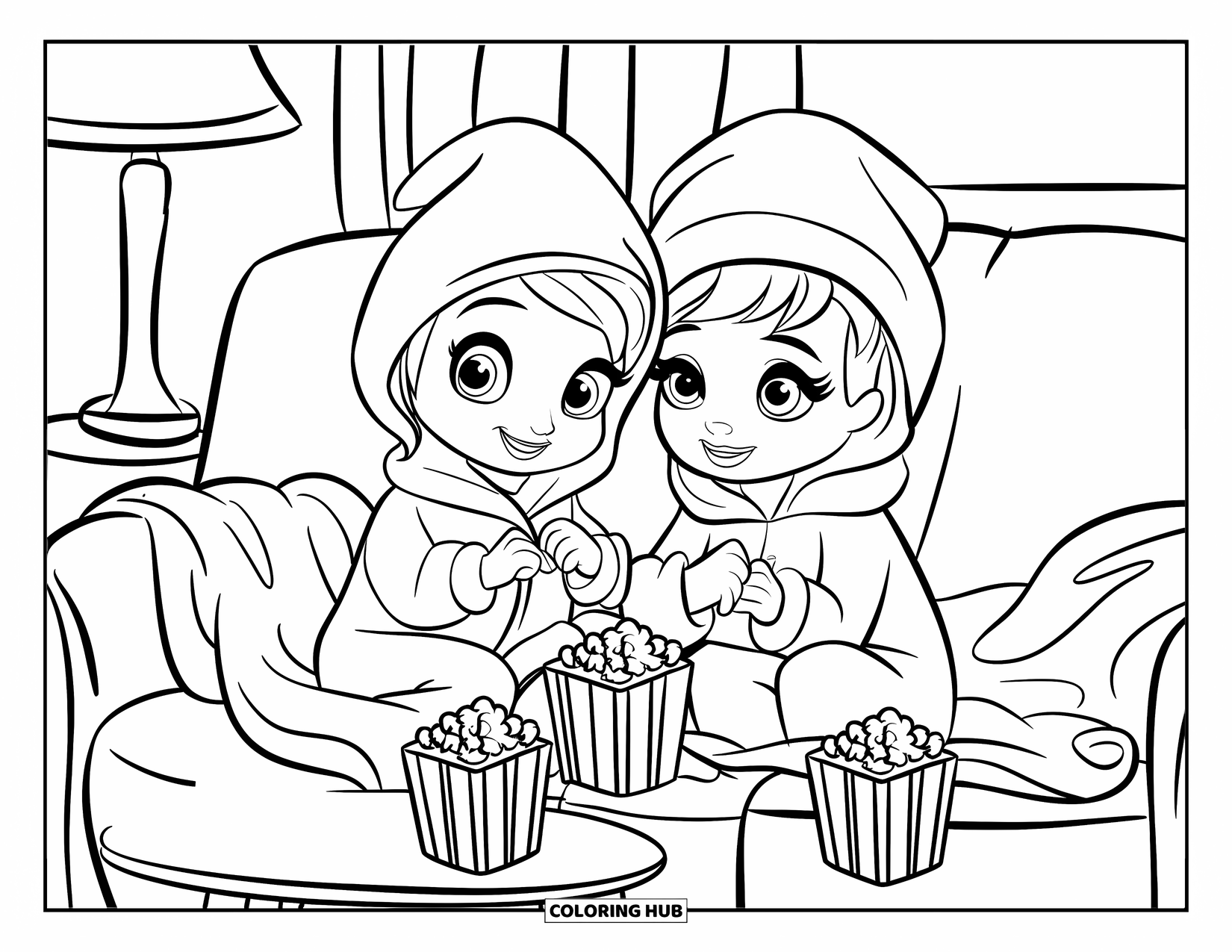 Pajama Coloring Page for Kids: Two friends enjoying popcorn on the couch during movie night