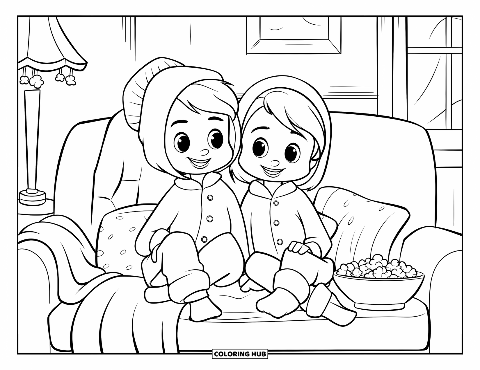Pajama Coloring Page for Kids: Two friends in pajamas sharing popcorn during a cozy movie night