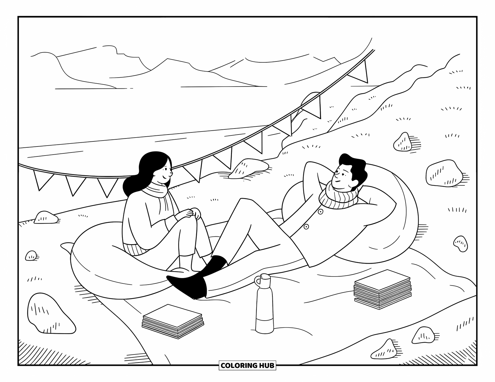 Picnic Coloring Page for Adults: A cozy couple lounging on pillows with scarves and books by the water