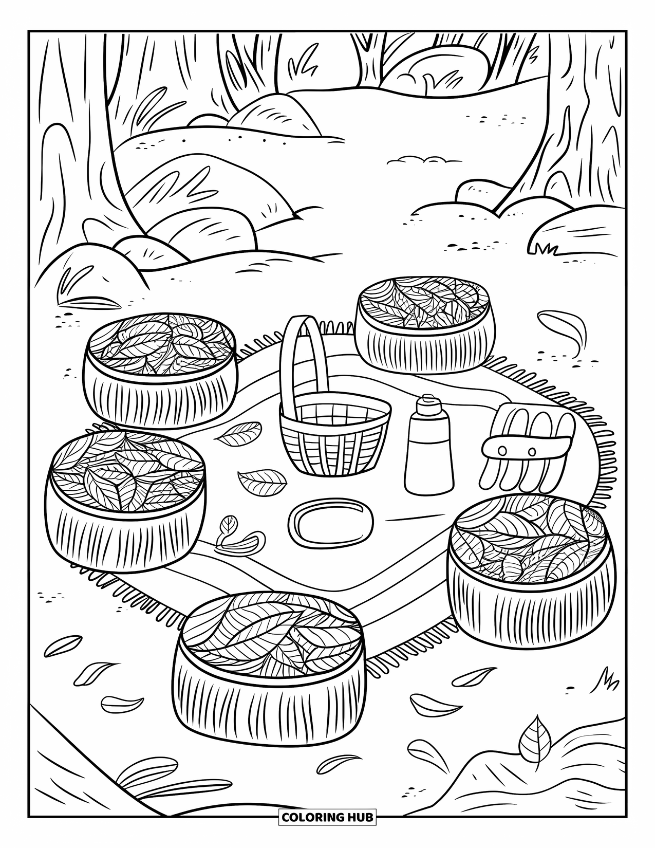 Picnic Coloring Page for Adults: A cozy forest picnic with logs, a basket, and leafy patterns