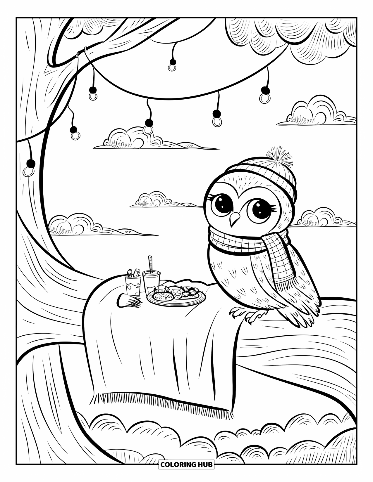 Picnic Coloring Page for Adults: A cozy owl with a scarf beside snacks and fairy lights