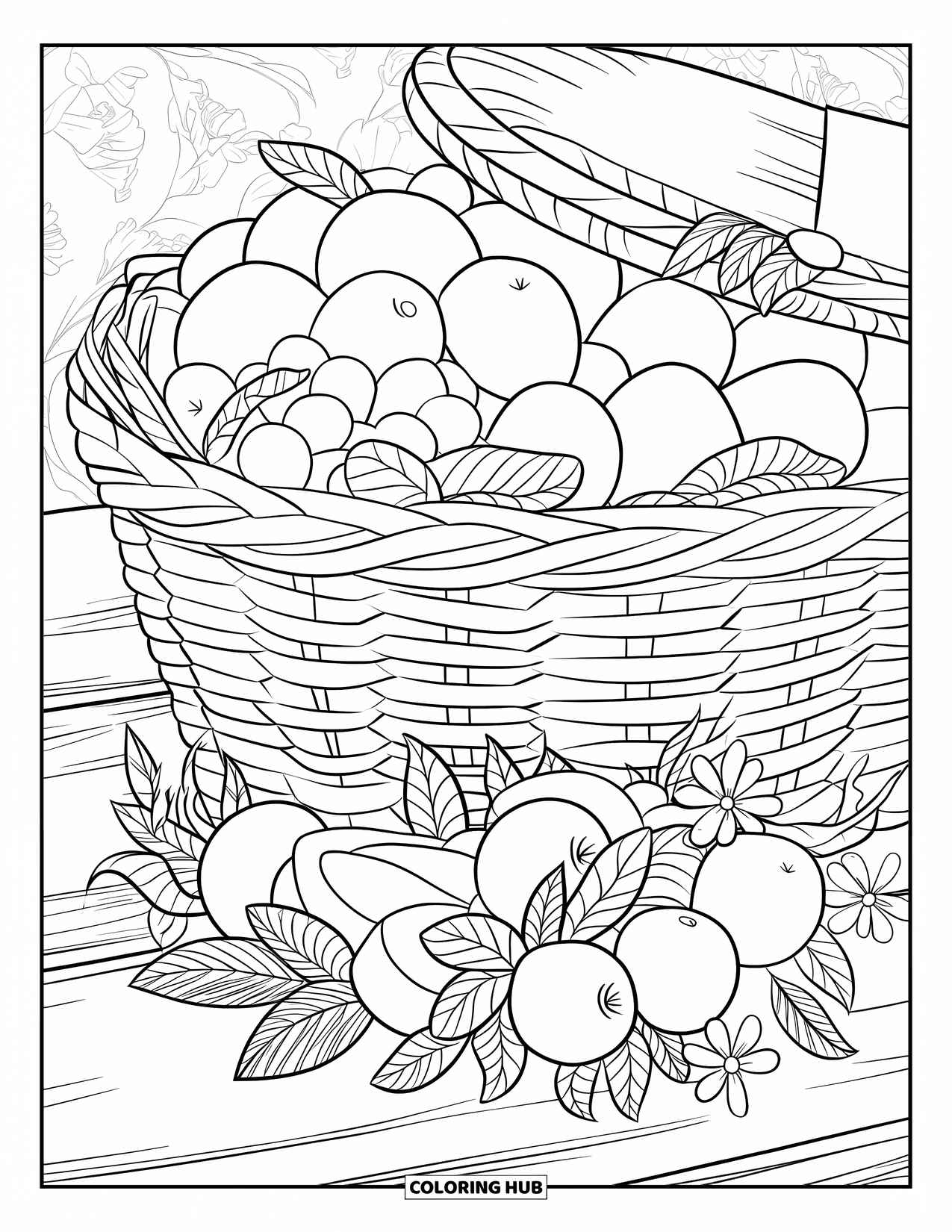 Picnic Coloring Page for Adults: A fruit-filled picnic basket with floral accents on a wooden surface