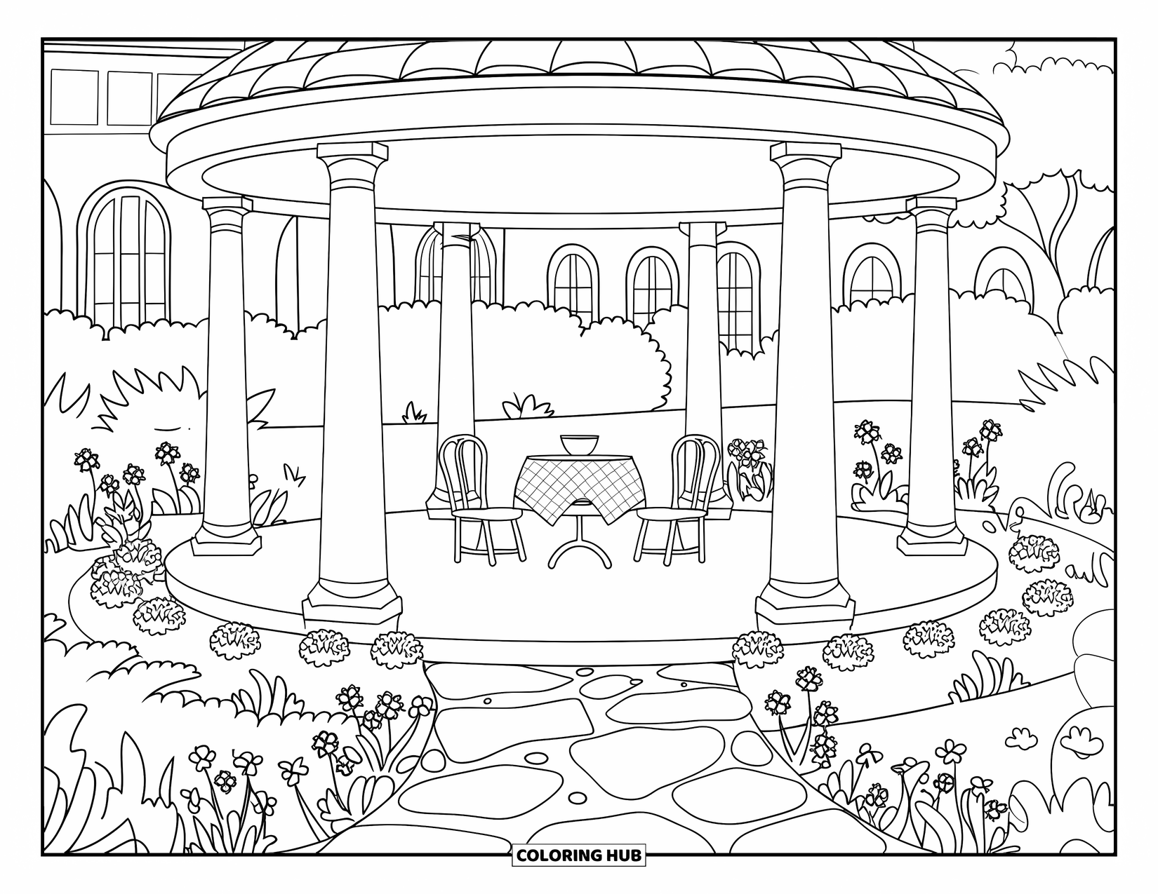 Picnic Coloring Page for Adults: A garden gazebo picnic with a checkered table and blooming flowers