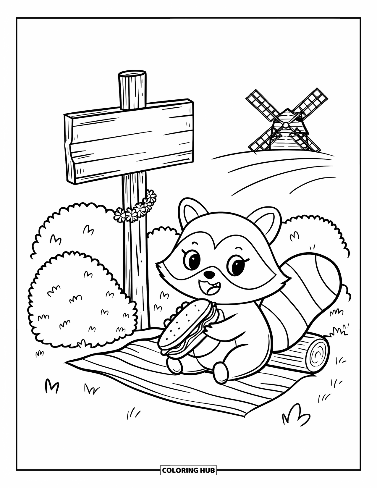 Picnic Coloring Page for Adults: A kawaii raccoon eating a sandwich near a windmill and signpost