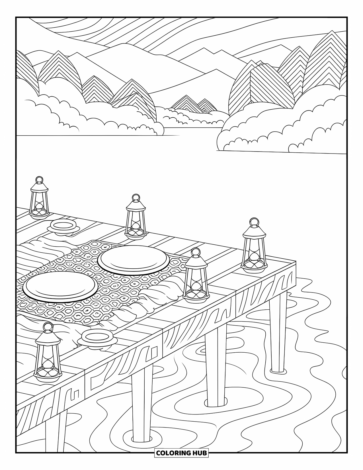 Picnic Coloring Page for Adults: A lakeside pier picnic with lanterns and detailed water reflections