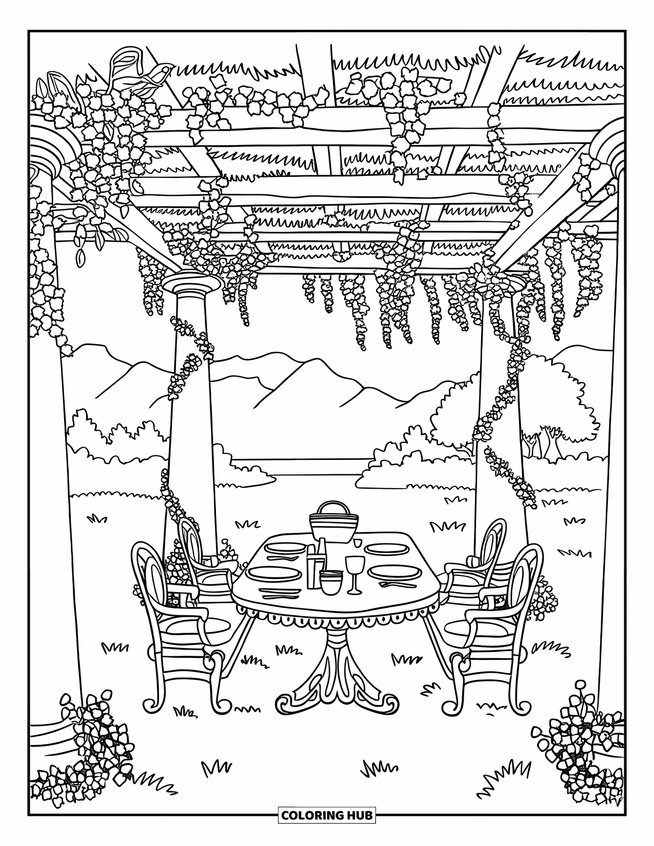Picnic Coloring Page for Adults: A picnic table under a pergola with vines and hanging blossoms