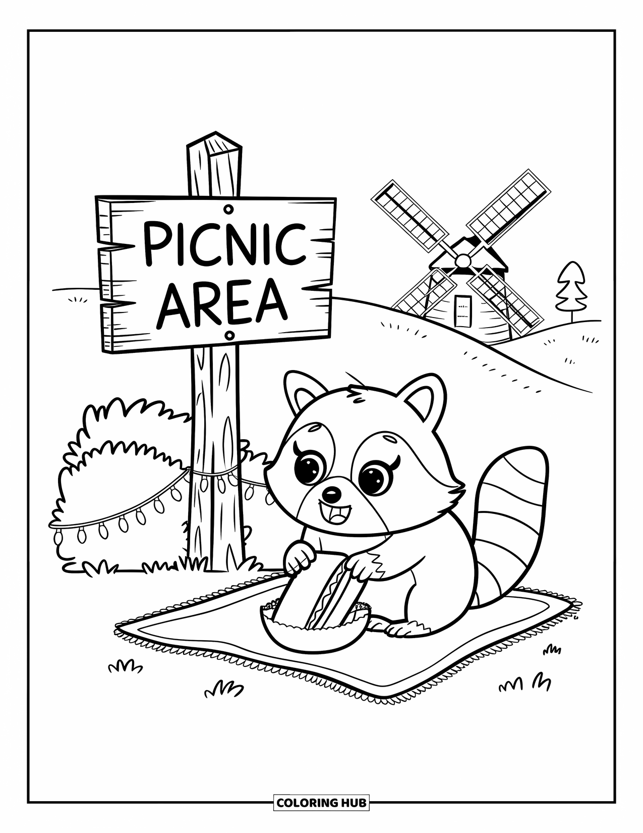 Picnic Coloring Page for Adults: A raccoon enjoying a sandwich beside a "Picnic Area" sign and windmill