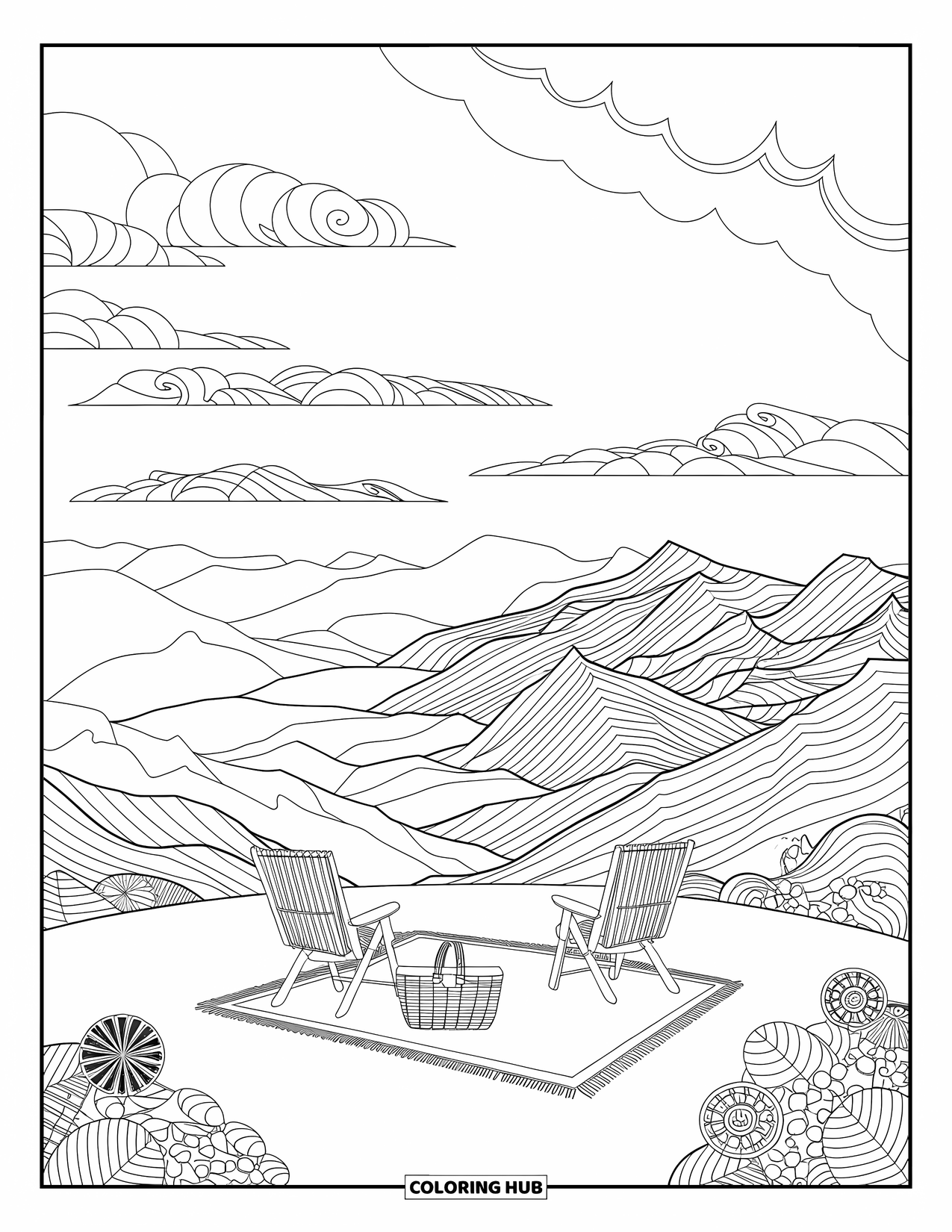 Picnic Coloring Page for Adults: A romantic hilltop picnic overlooking layered mountains and drifting clouds