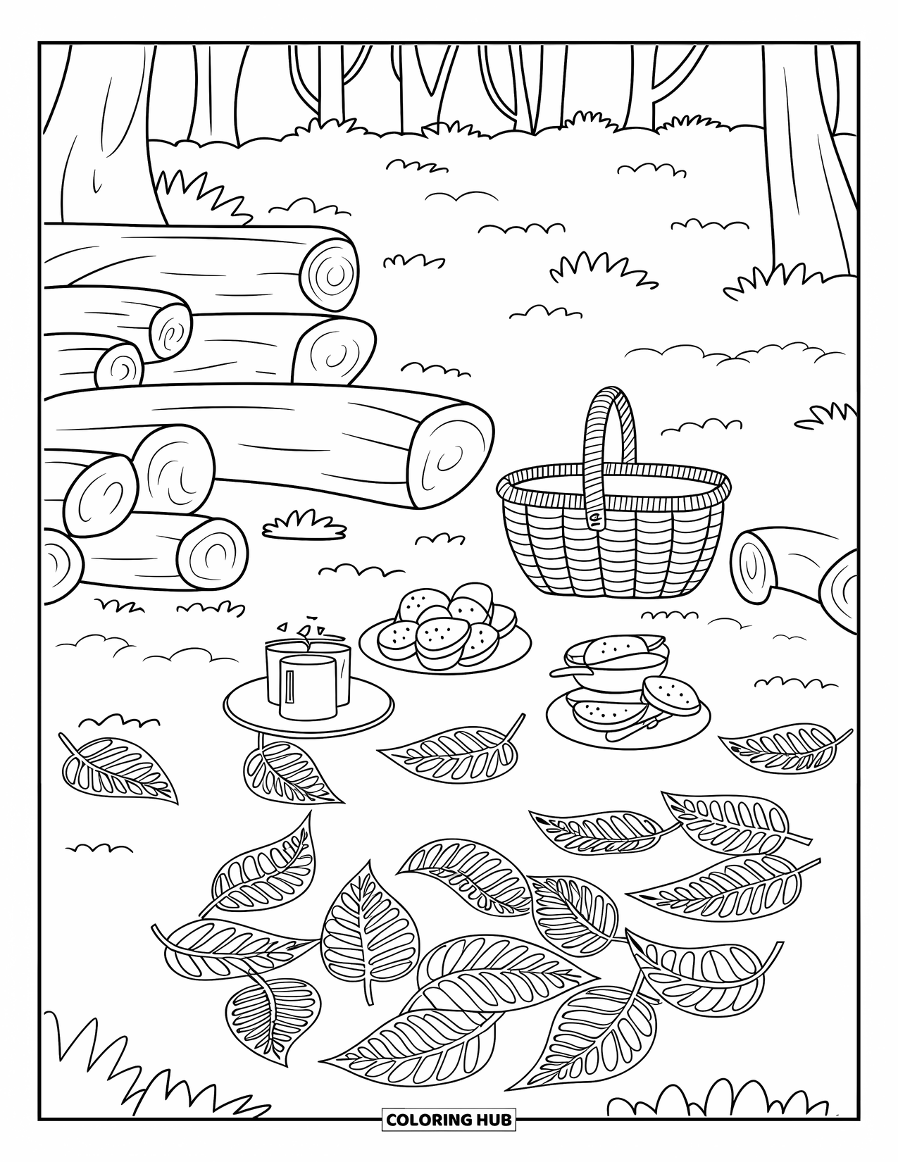Picnic Coloring Page for Adults: A woodland picnic with logs, a basket, and scattered leaves