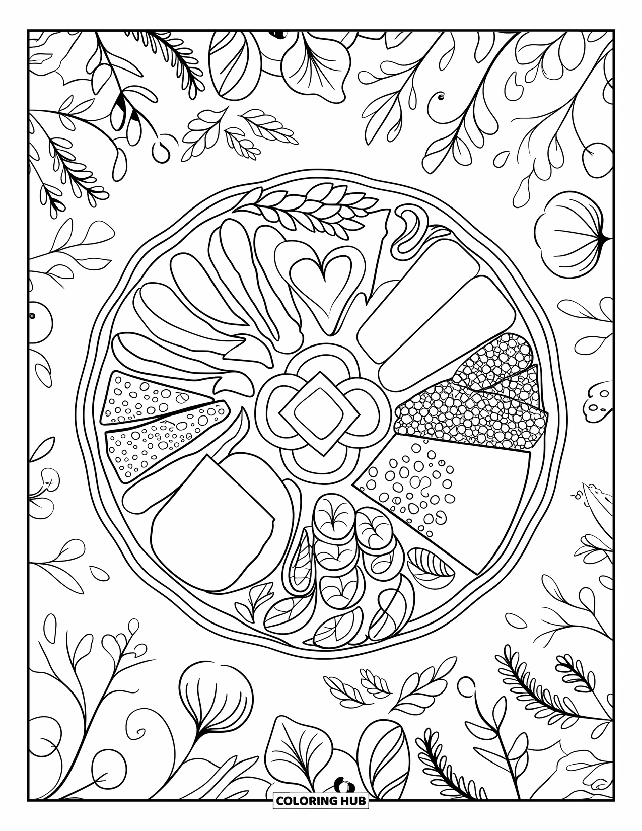 Picnic Coloring Page for Adults: An elegant charcuterie spread with meats, cheeses, fruits, and flowers