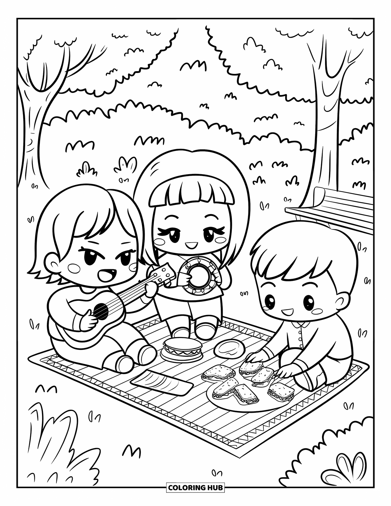 Picnic Coloring Page for Adults: Three adorable musicians picnicking with a ukulele, tambourine, and sandwiches